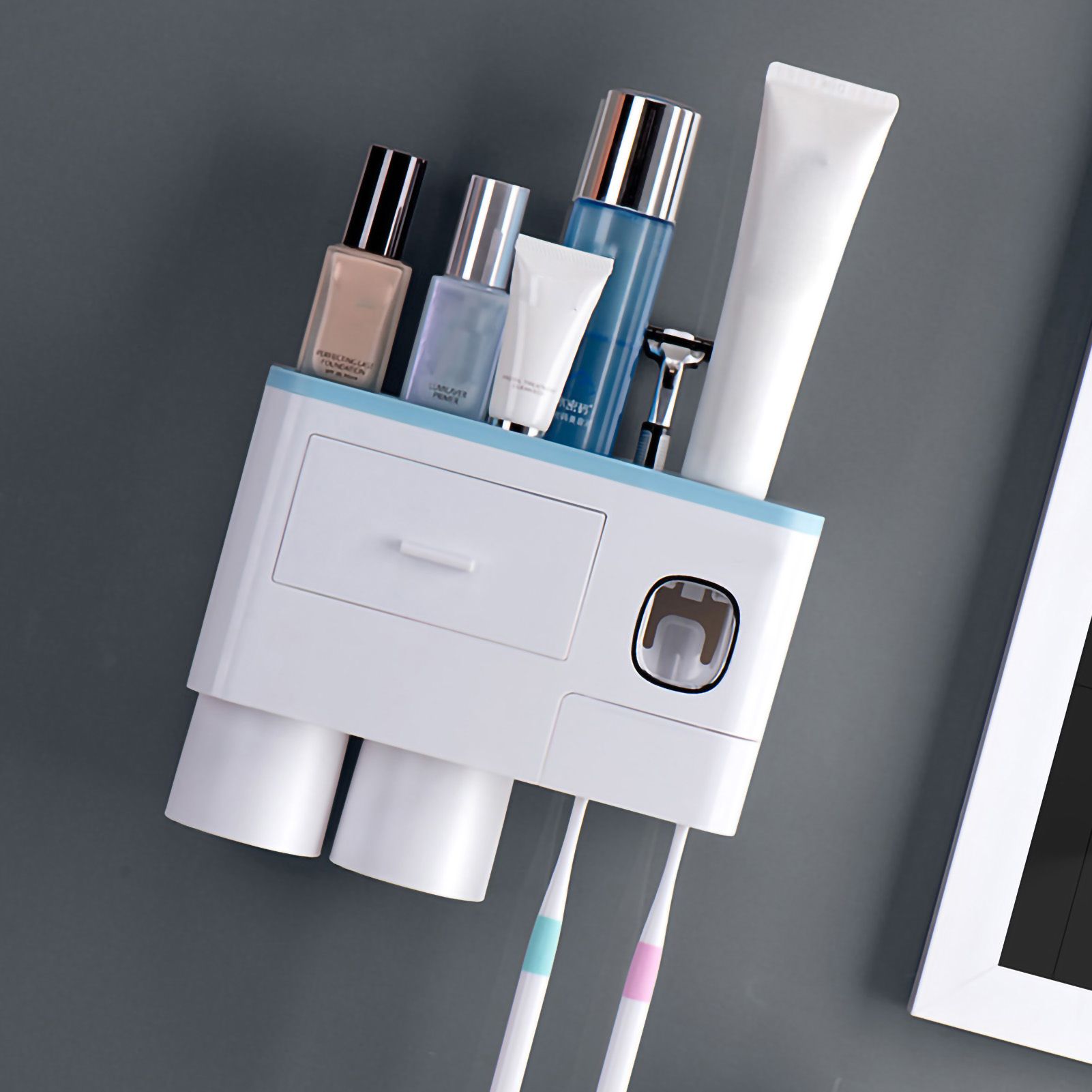 Toothbrush Storage Rack Inverted Magnetic Adsorption Toothbrush Holder Toothpaste Squeezer 2 Blue Cups - Image 4