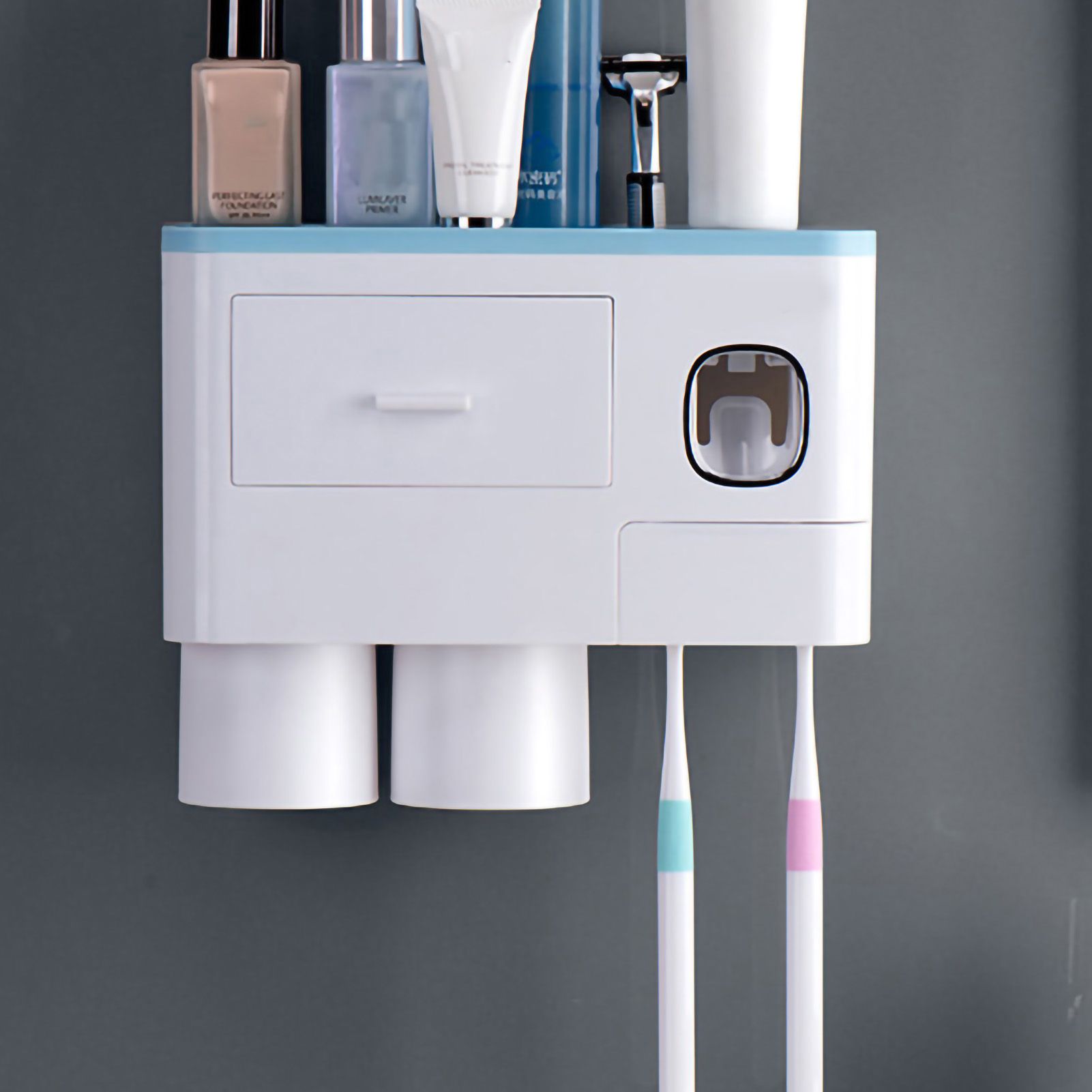 Toothbrush Storage Rack Inverted Magnetic Adsorption Toothbrush Holder Toothpaste Squeezer 2 Blue Cups - Image 5