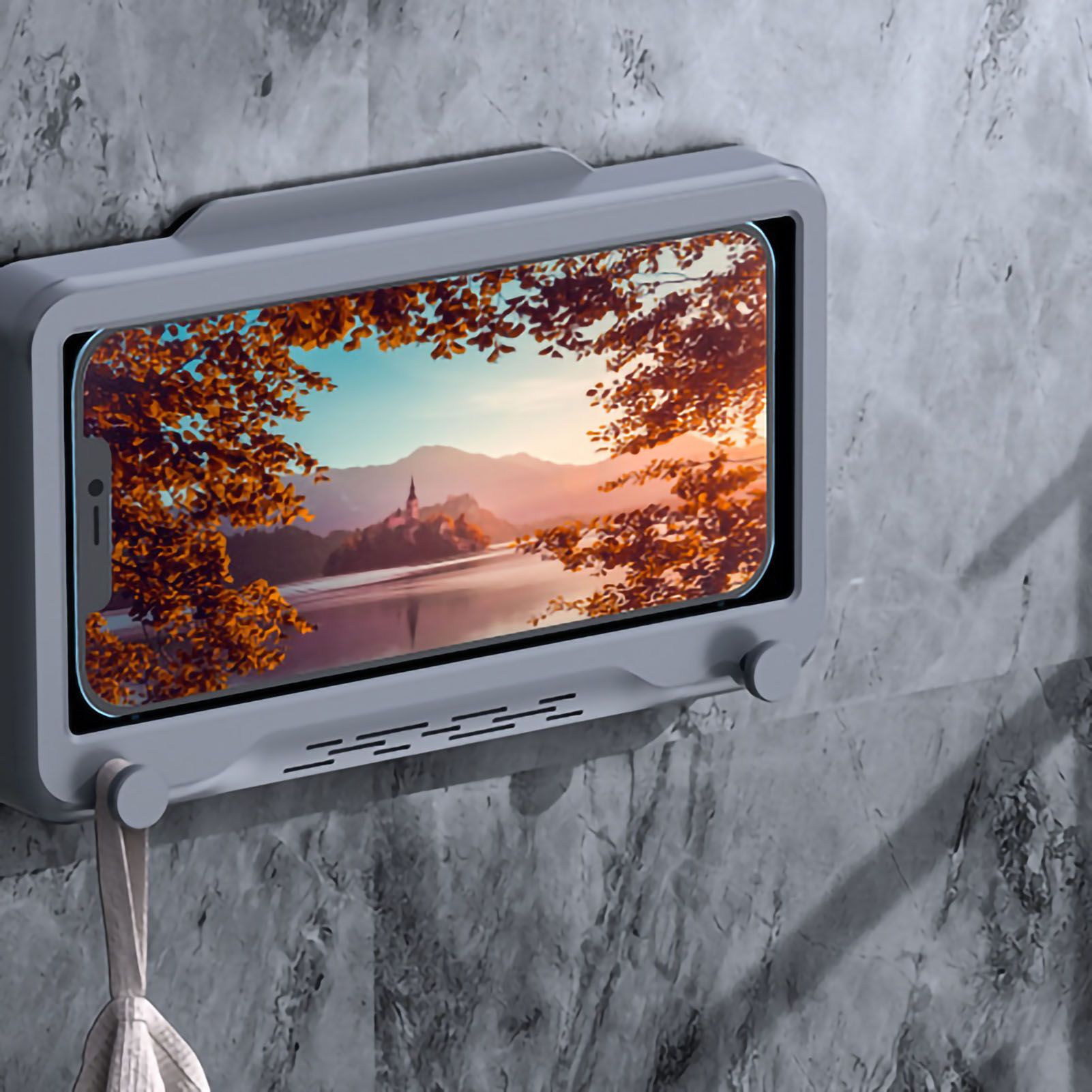 Waterproof Cell Phone Case Shower Phone Holder Wall Hanging Free Punch 360 Degree Rotation Touch Screen For Bathroom Kitchen Grey - Image 4