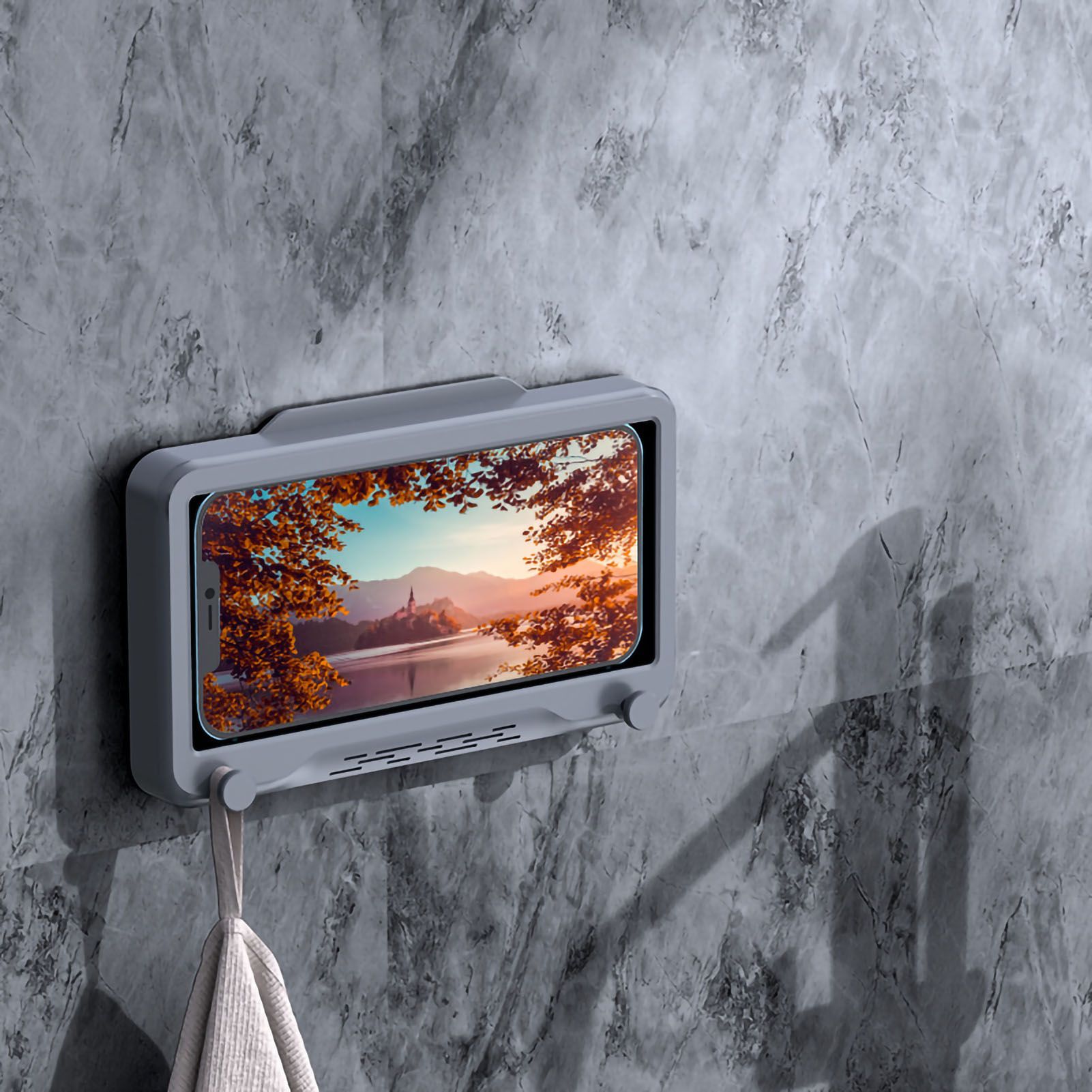Waterproof Cell Phone Case Shower Phone Holder Wall Hanging Free Punch 360 Degree Rotation Touch Screen For Bathroom Kitchen Grey - Image 5