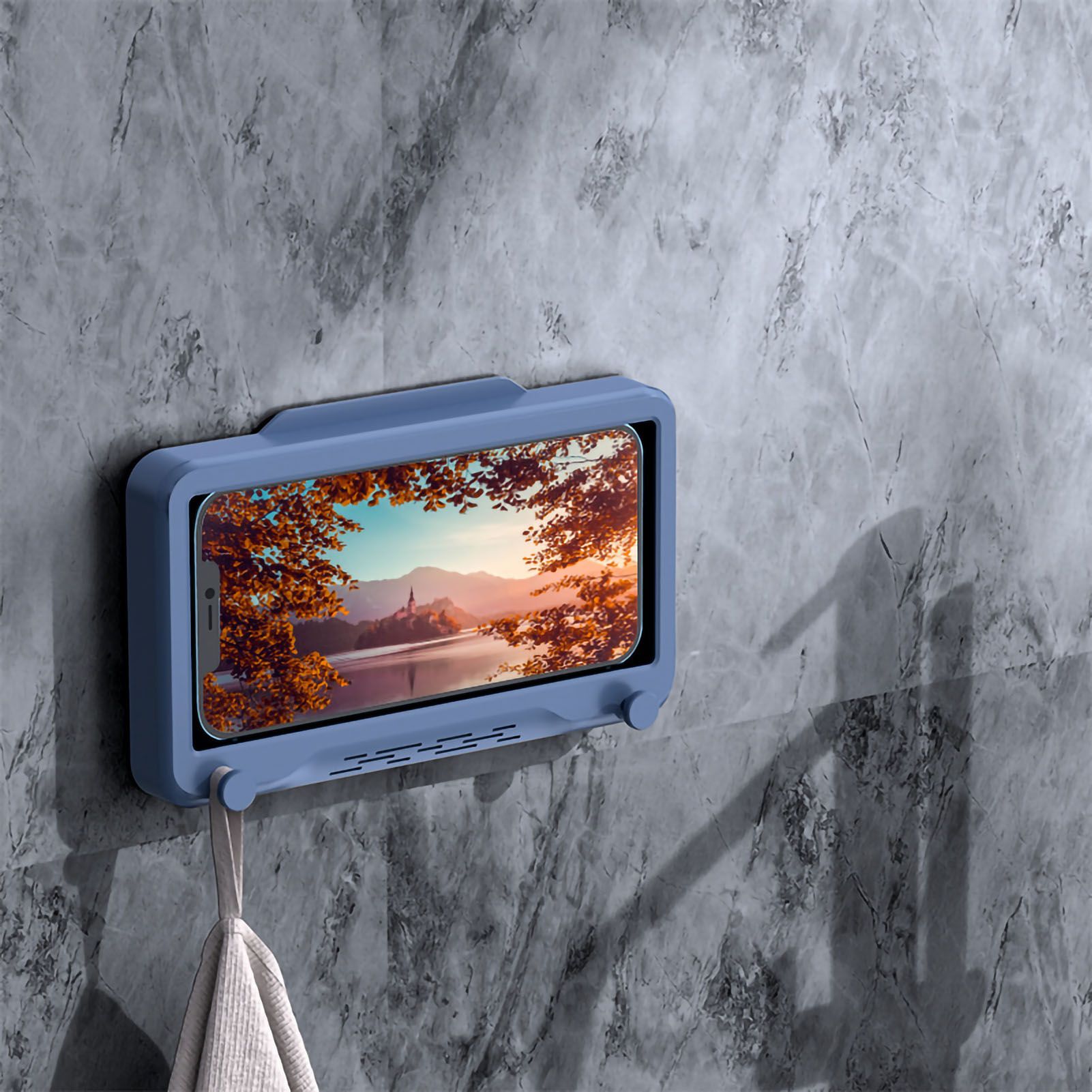 Waterproof Cell Phone Case Shower Phone Holder Wall Hanging Free Punch 360 Degree Rotation Touch Screen For Bathroom Kitchen Blue - Image 5