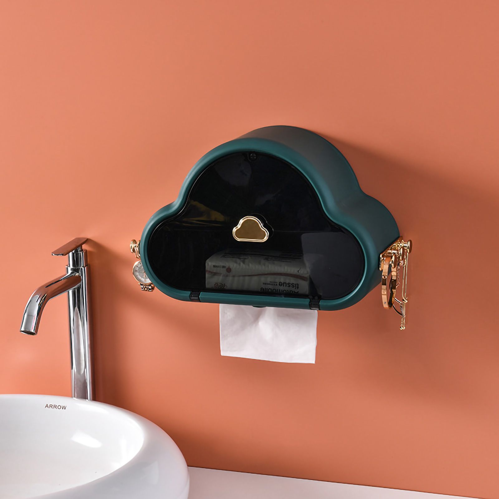 Tissue Holder Wall Mounted Side Hooks Waterproof Simple Fashionable Tissue Box for Bathroom Emerald Black - Image 1