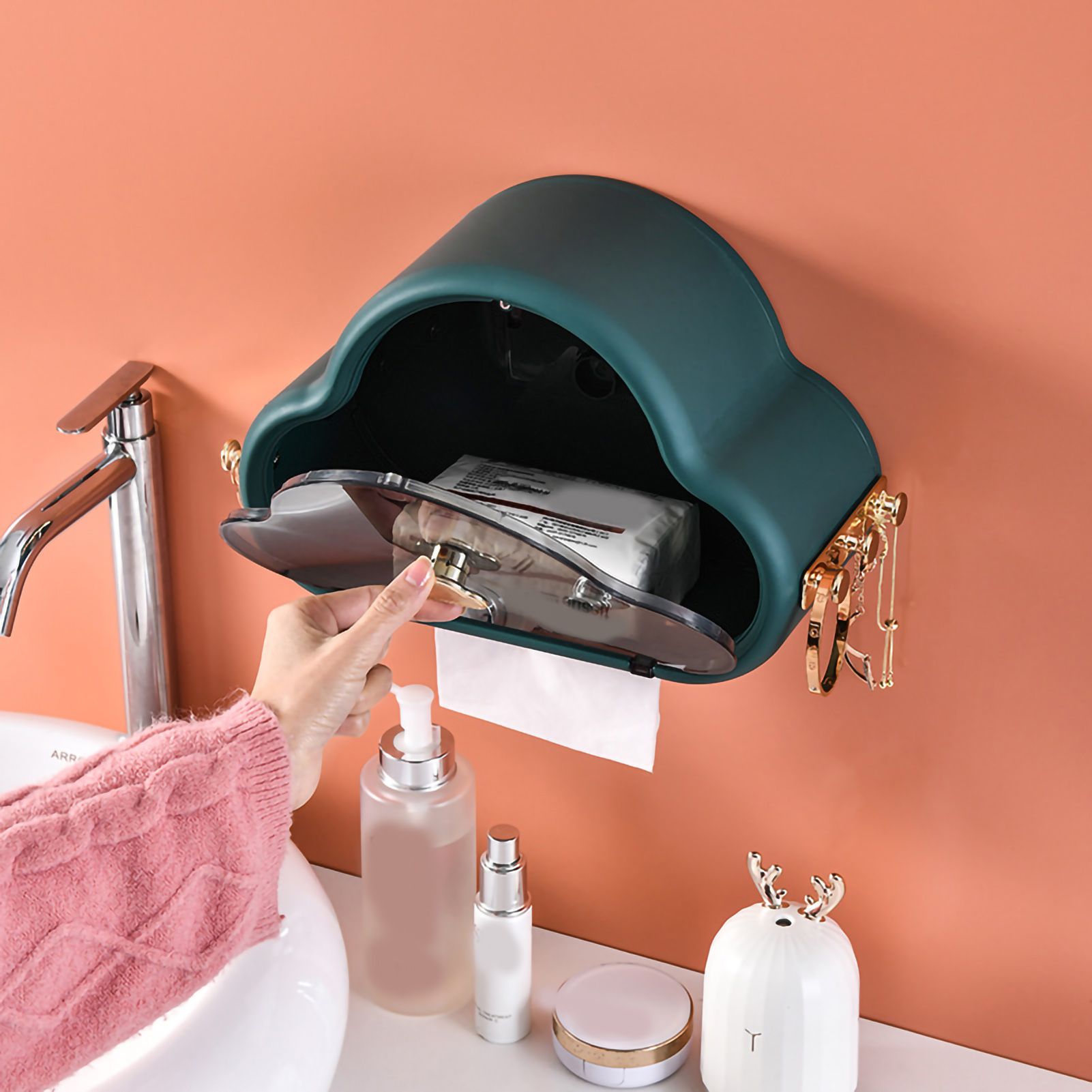 Tissue Holder Wall Mounted Side Hooks Waterproof Simple Fashionable Tissue Box for Bathroom Emerald Black - Image 2