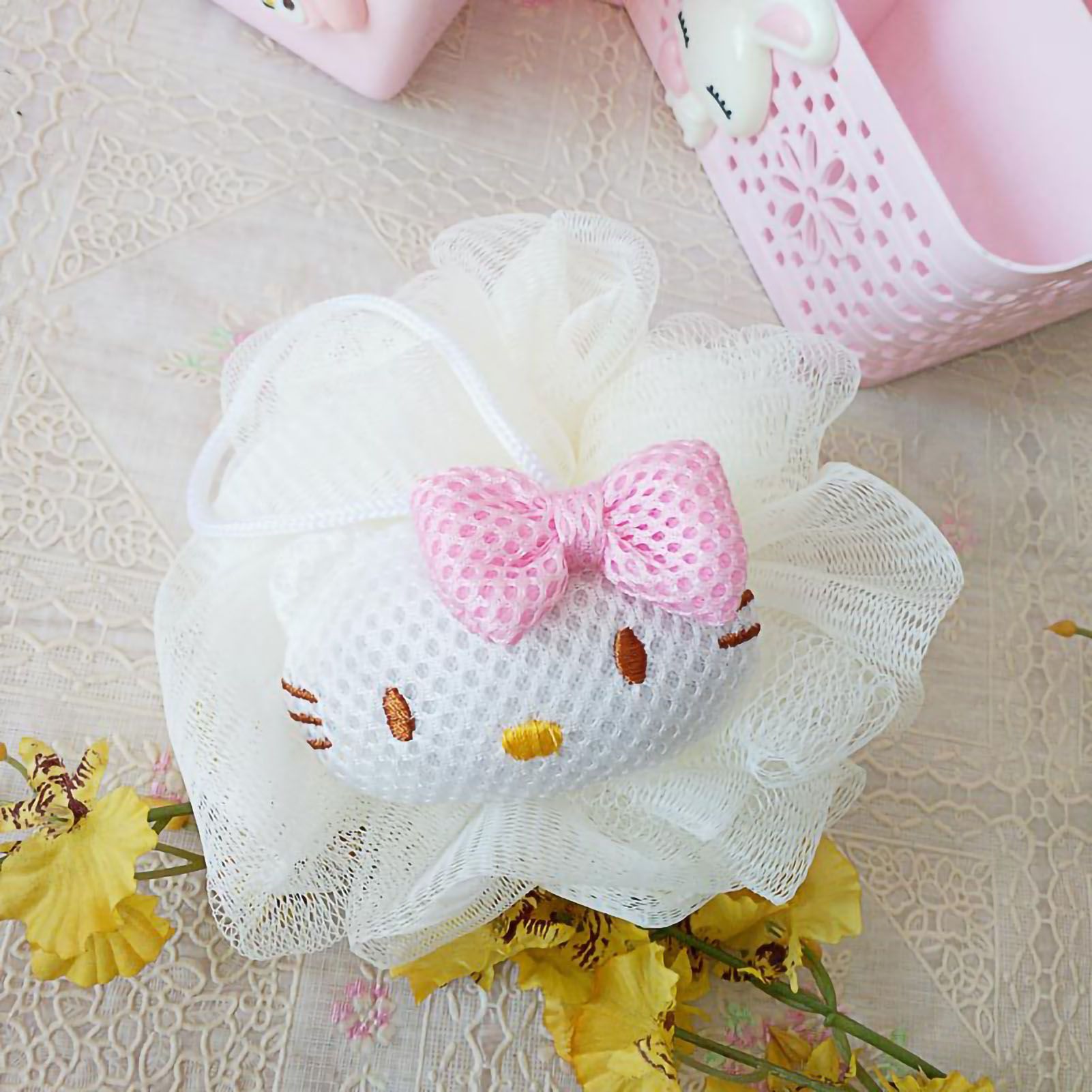 Bath Ball Cute Cartoon Shower Puff Loofah Body Scrubber PE Tool for Cleaning Bathing White Cat - Image 1