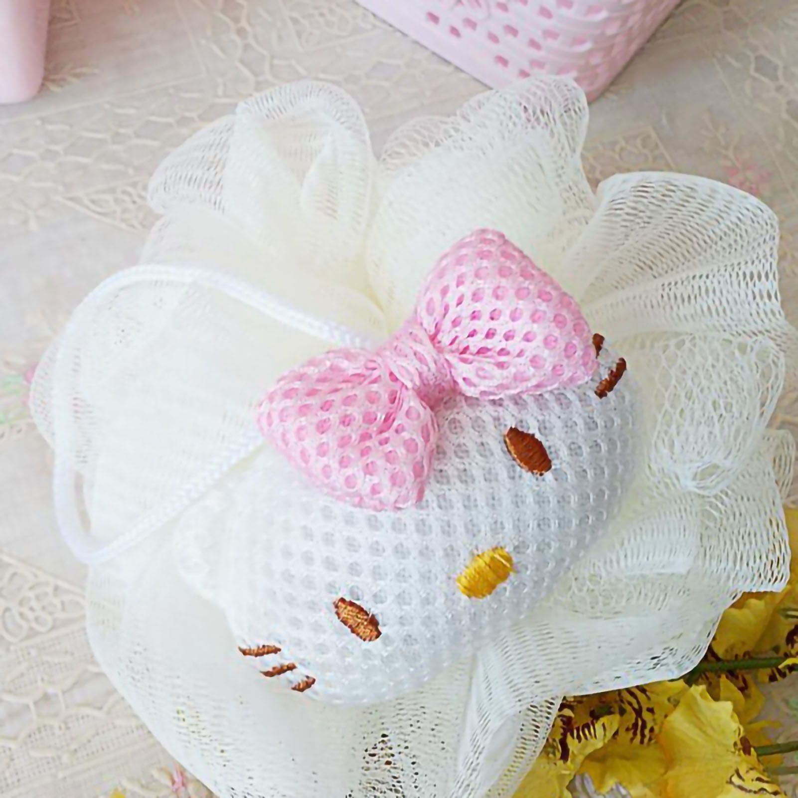 Bath Ball Cute Cartoon Shower Puff Loofah Body Scrubber PE Tool for Cleaning Bathing White Cat - Image 3