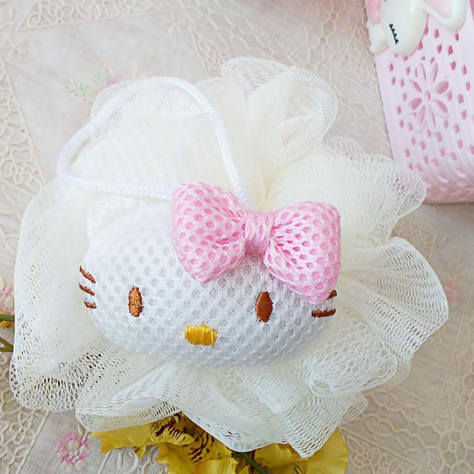 Bath Ball Cute Cartoon Shower Puff Loofah Body Scrubber PE Tool for Cleaning Bathing White Cat - Image 4