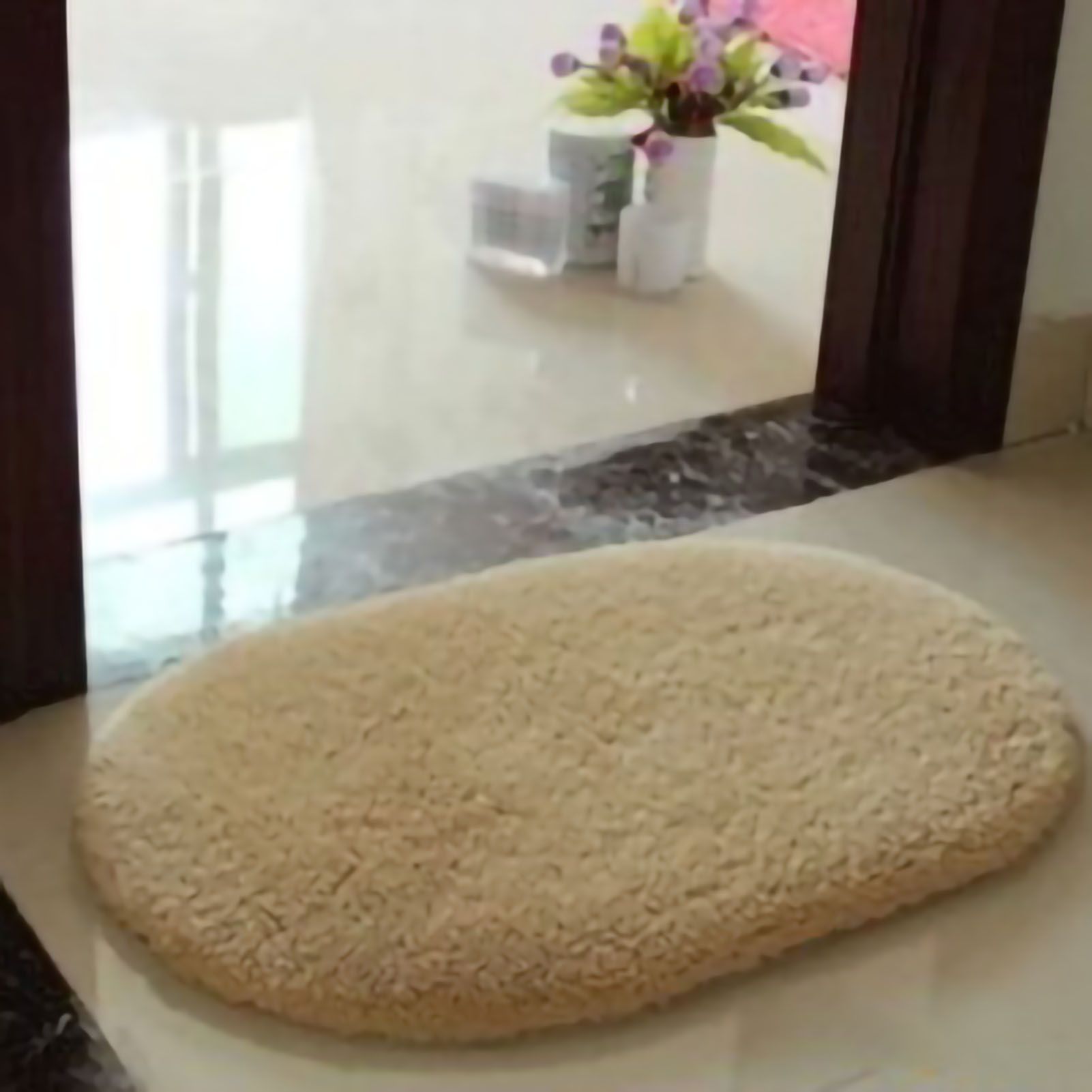 Door Mat Oval Slip Proof Indoor Door Carpet Moisture Absorption Soft Comfortable Plush Bathroom Rug for Kitchen Bedroom Light Tan 40x60cm/15.7x23.6in (Oval Shape) - Image 1