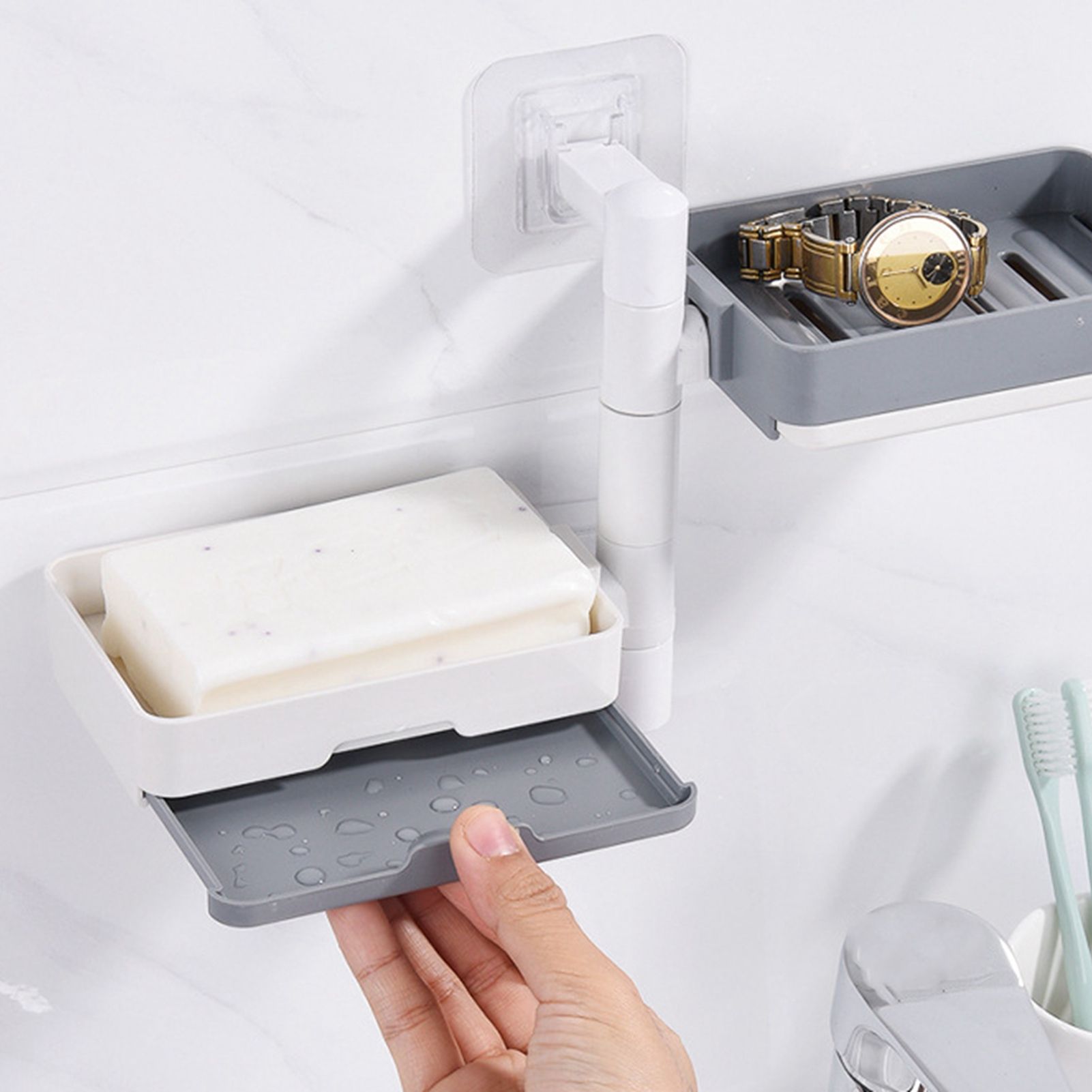 Rotatable Wall Mounted Soap Box 3 Layers HIPS Punch Free Rotatable Soap Container Dish for Household White and Gray Mixed - Image 2