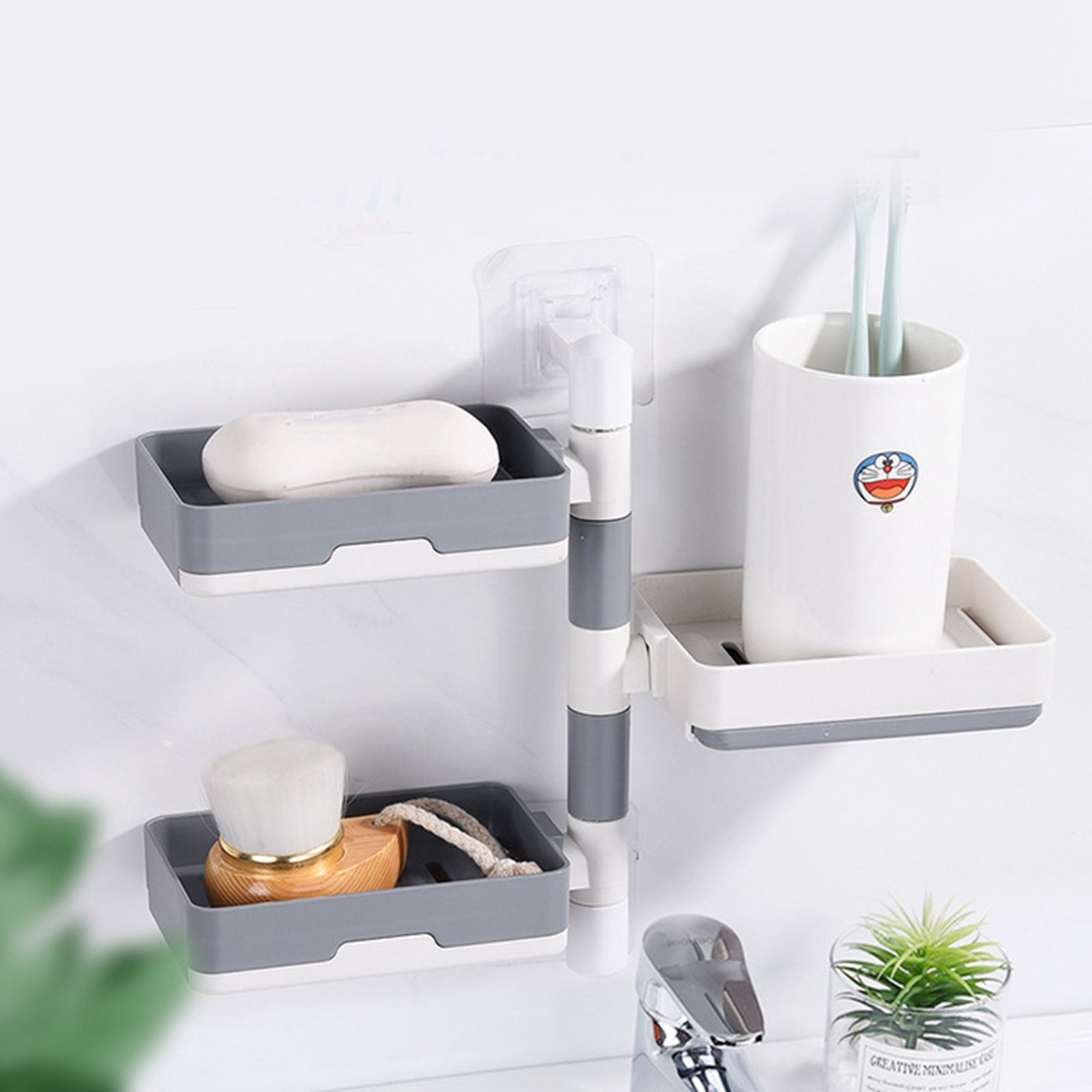 Rotatable Wall Mounted Soap Box 3 Layers HIPS Punch Free Rotatable Soap Container Dish for Household White and Gray Mixed - Image 5
