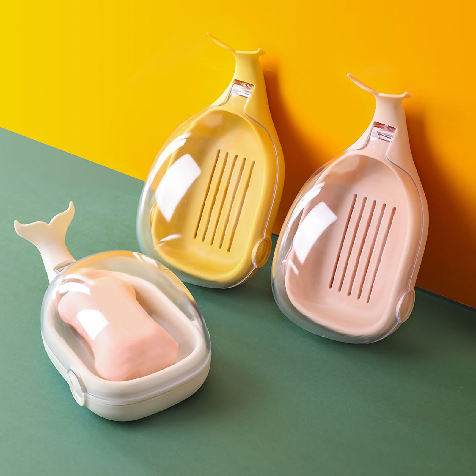 Soap Box Double Layer Cute Cartoon Whale Shape Waterproof Drainage Soap Container with Flip Lid for Bathroom Pink - Image 2