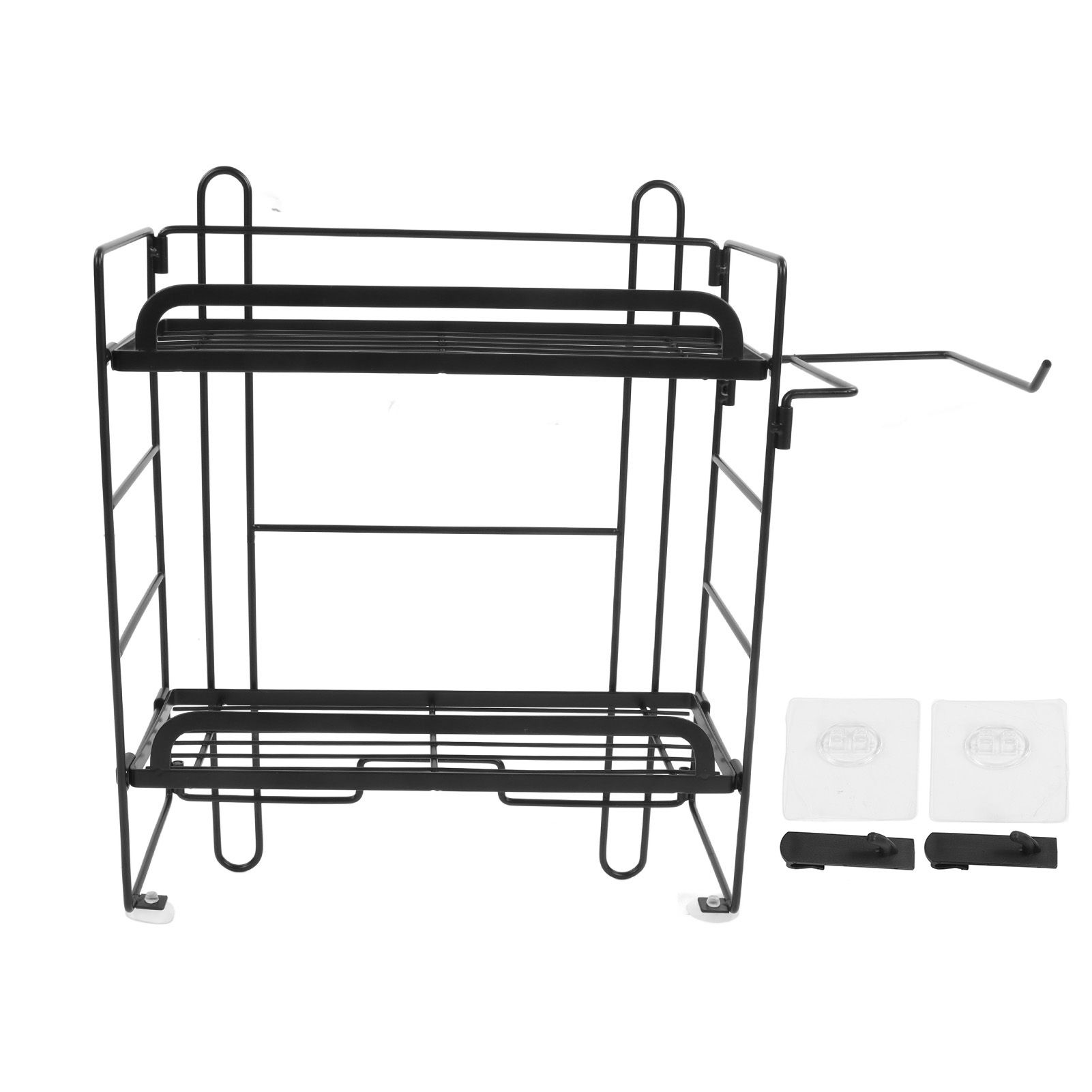 Toilet Storage Shelves Iron Wall Mounted 2 Layers Foldable Grid Home Decoration with Hooks for Bathroom Black - Image 1