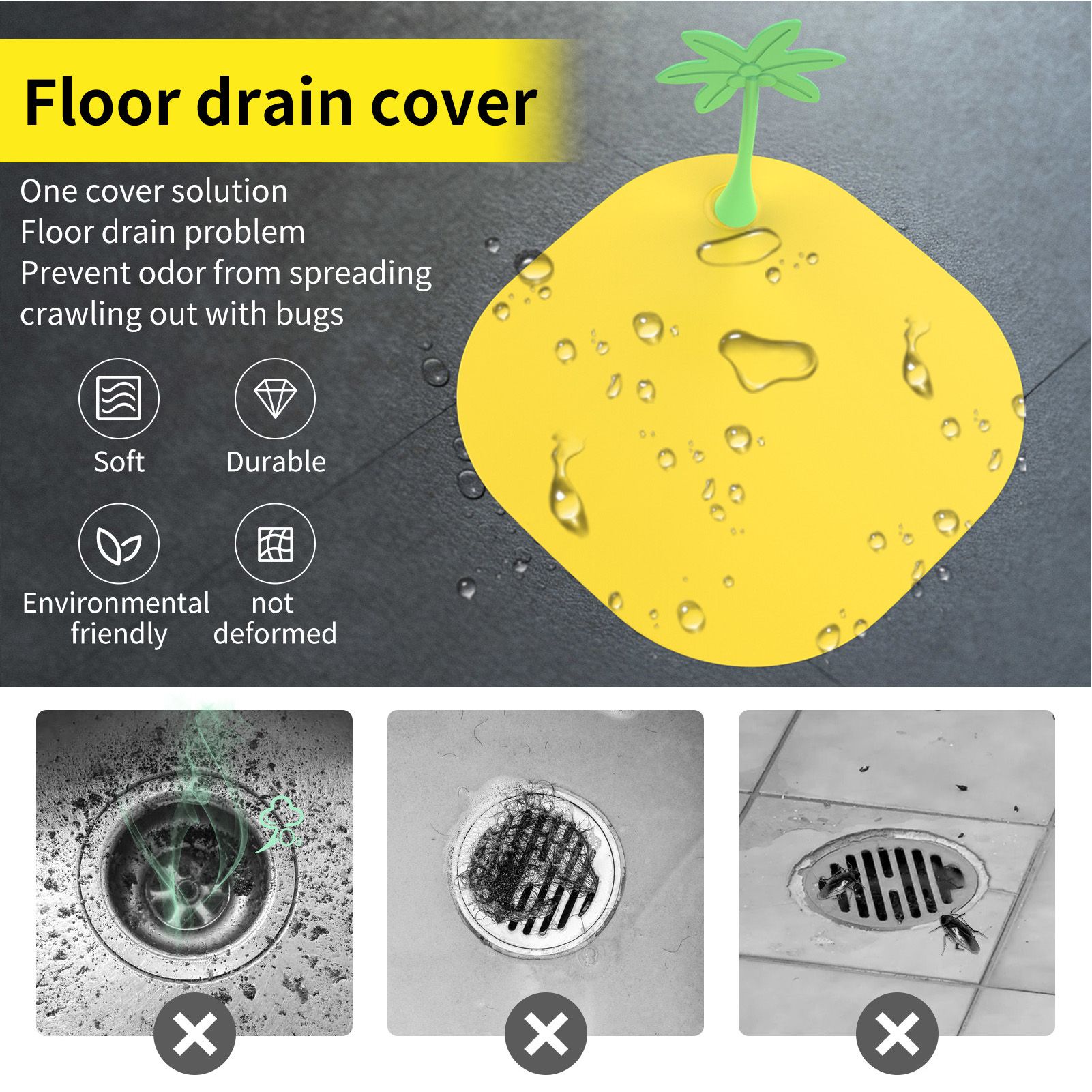 Floor Drain Cover Deodorant Insect Prevention Yellow Floor Drain Cover for Bathroom Kitchen Sink Coconut Palm - Image 5