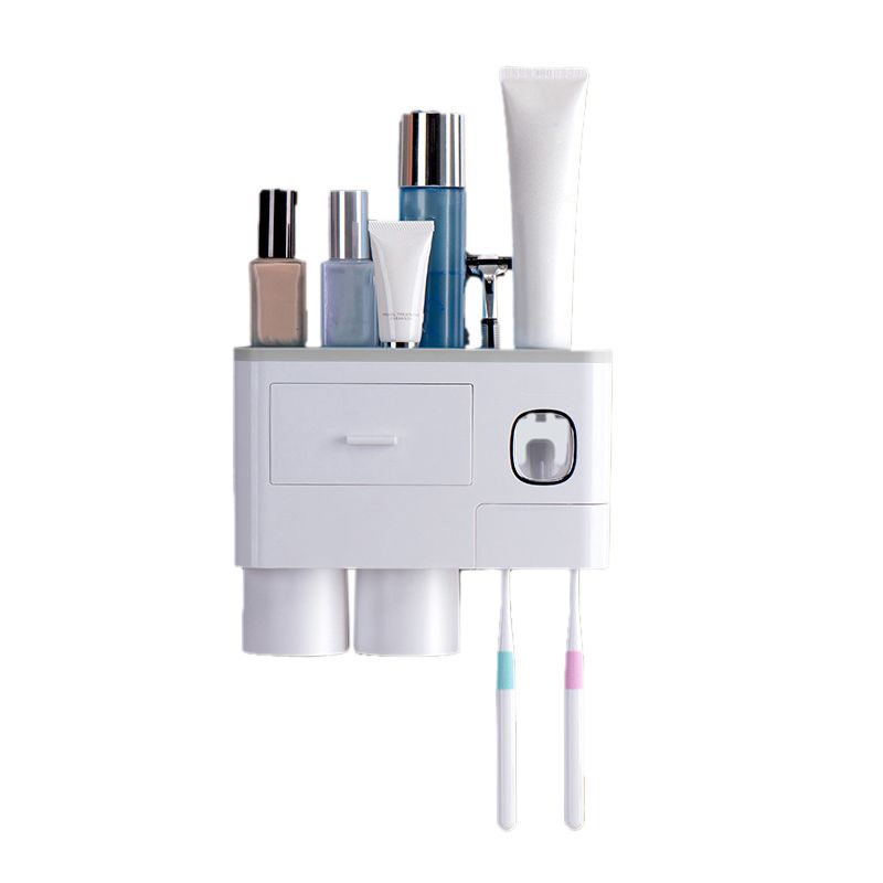 Wall Mounted Toothbrush Holder Multi Function Magnetic Absorption Bathroom Storage Rack with Drawer Toothpaste Dispenser 2 Cup Gray (24.4x11.3x20cm/9.6x4.4x7.9in) - Image 1