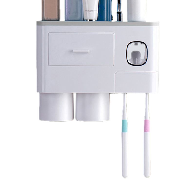 Wall Mounted Toothbrush Holder Multi Function Magnetic Absorption Bathroom Storage Rack with Drawer Toothpaste Dispenser 2 Cup Gray (24.4x11.3x20cm/9.6x4.4x7.9in) - Image 3