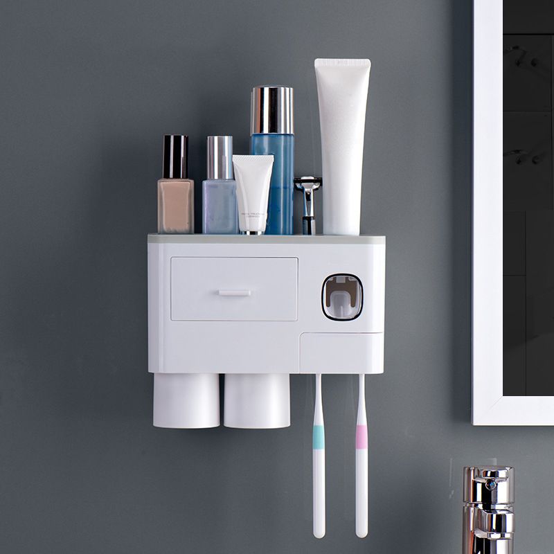 Wall Mounted Toothbrush Holder Multi Function Magnetic Absorption Bathroom Storage Rack with Drawer Toothpaste Dispenser 2 Cup Gray (24.4x11.3x20cm/9.6x4.4x7.9in) - Image 5