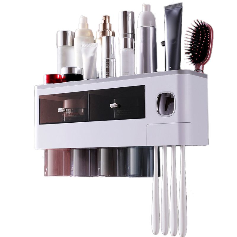 Wall Mounted Toothbrush Holder Multi Function Magnetic Absorption Bathroom Storage Rack with Drawer Toothpaste Dispenser 4 Cup Translucent Gray (38.4x11.3x20cm/15.1x4.4x7.9in) - Image 1