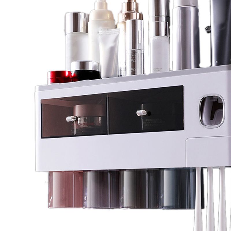 Wall Mounted Toothbrush Holder Multi Function Magnetic Absorption Bathroom Storage Rack with Drawer Toothpaste Dispenser 4 Cup Translucent Gray (38.4x11.3x20cm/15.1x4.4x7.9in) - Image 2