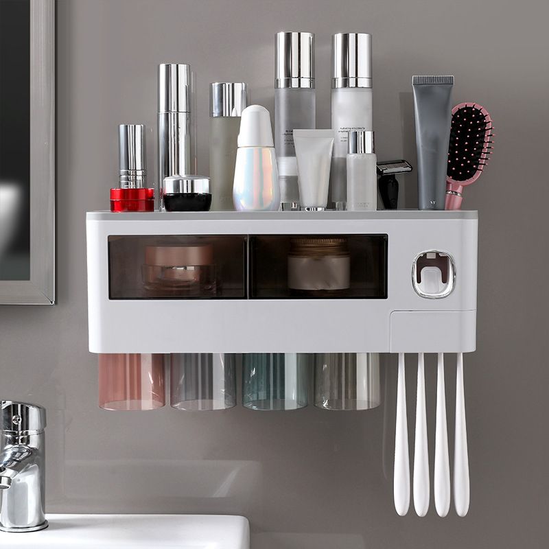 Wall Mounted Toothbrush Holder Multi Function Magnetic Absorption Bathroom Storage Rack with Drawer Toothpaste Dispenser 4 Cup Translucent Gray (38.4x11.3x20cm/15.1x4.4x7.9in) - Image 3