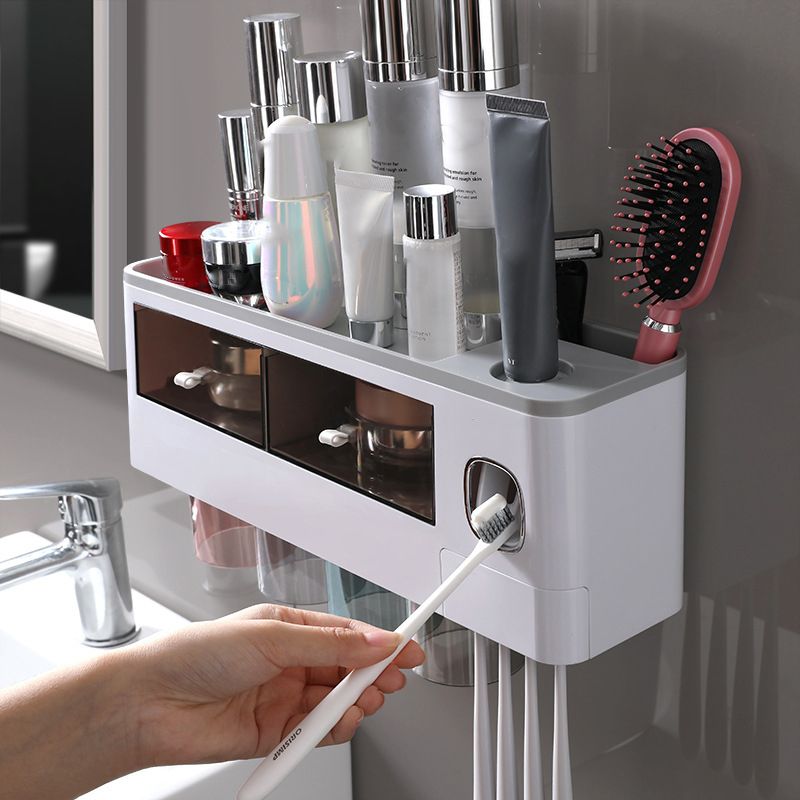 Wall Mounted Toothbrush Holder Multi Function Magnetic Absorption Bathroom Storage Rack with Drawer Toothpaste Dispenser 4 Cup Translucent Gray (38.4x11.3x20cm/15.1x4.4x7.9in) - Image 4
