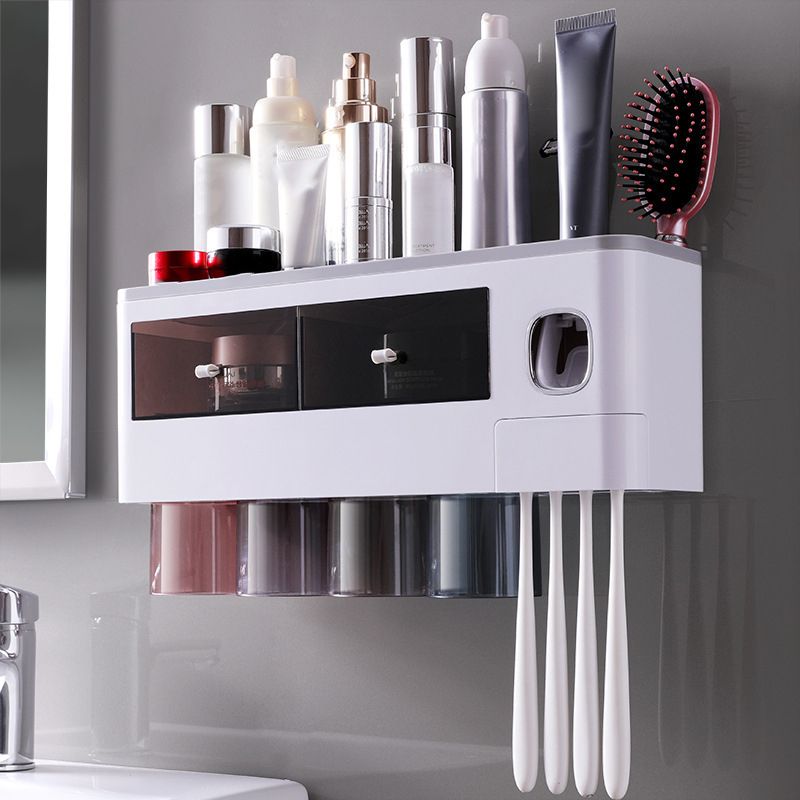 Wall Mounted Toothbrush Holder Multi Function Magnetic Absorption Bathroom Storage Rack with Drawer Toothpaste Dispenser 4 Cup Translucent Gray (38.4x11.3x20cm/15.1x4.4x7.9in) - Image 5