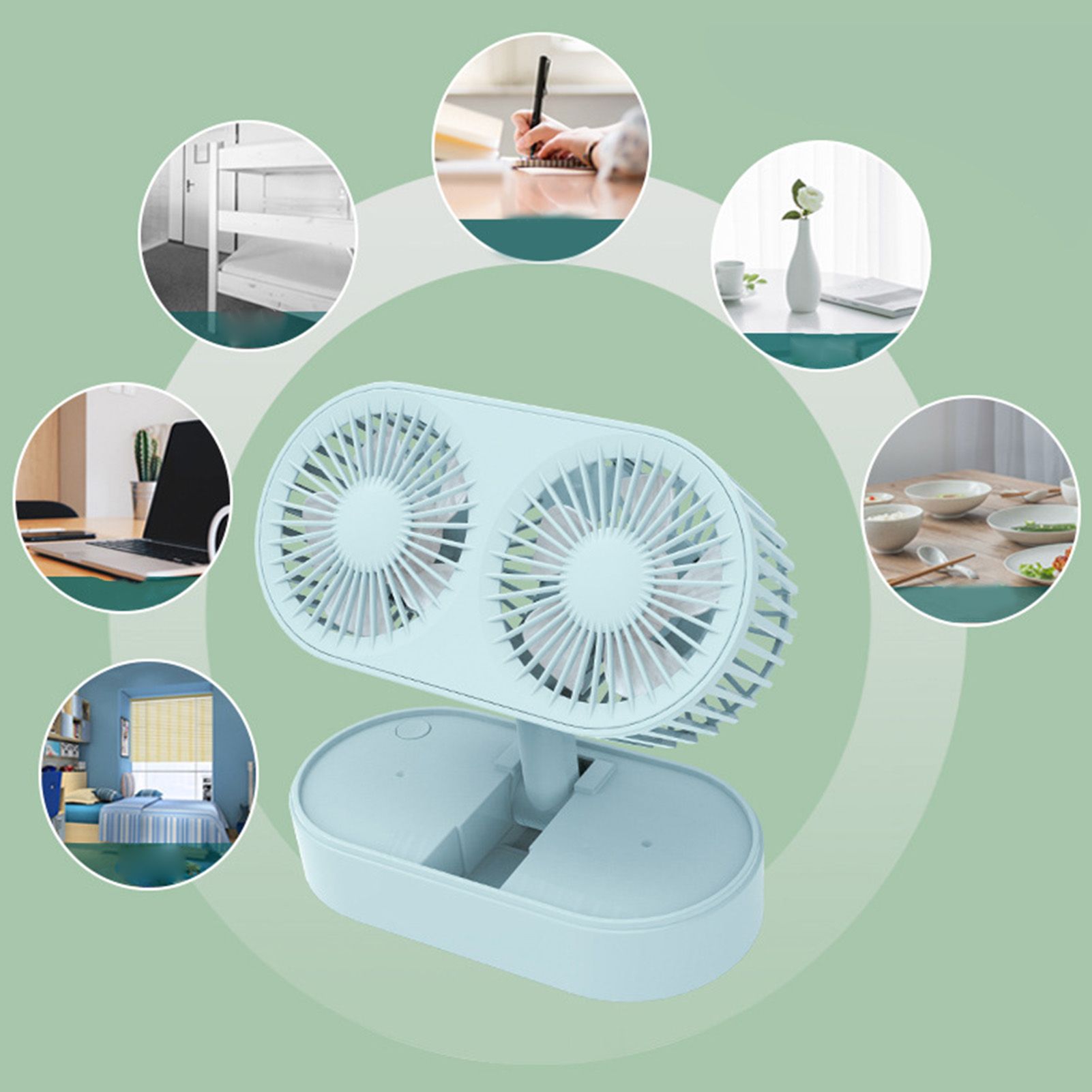 Desktop Double Blade Small Fan USB Mini Folding Desktop 2 Head Fan for Student Office Folding Dual Motor Blue - Image 6