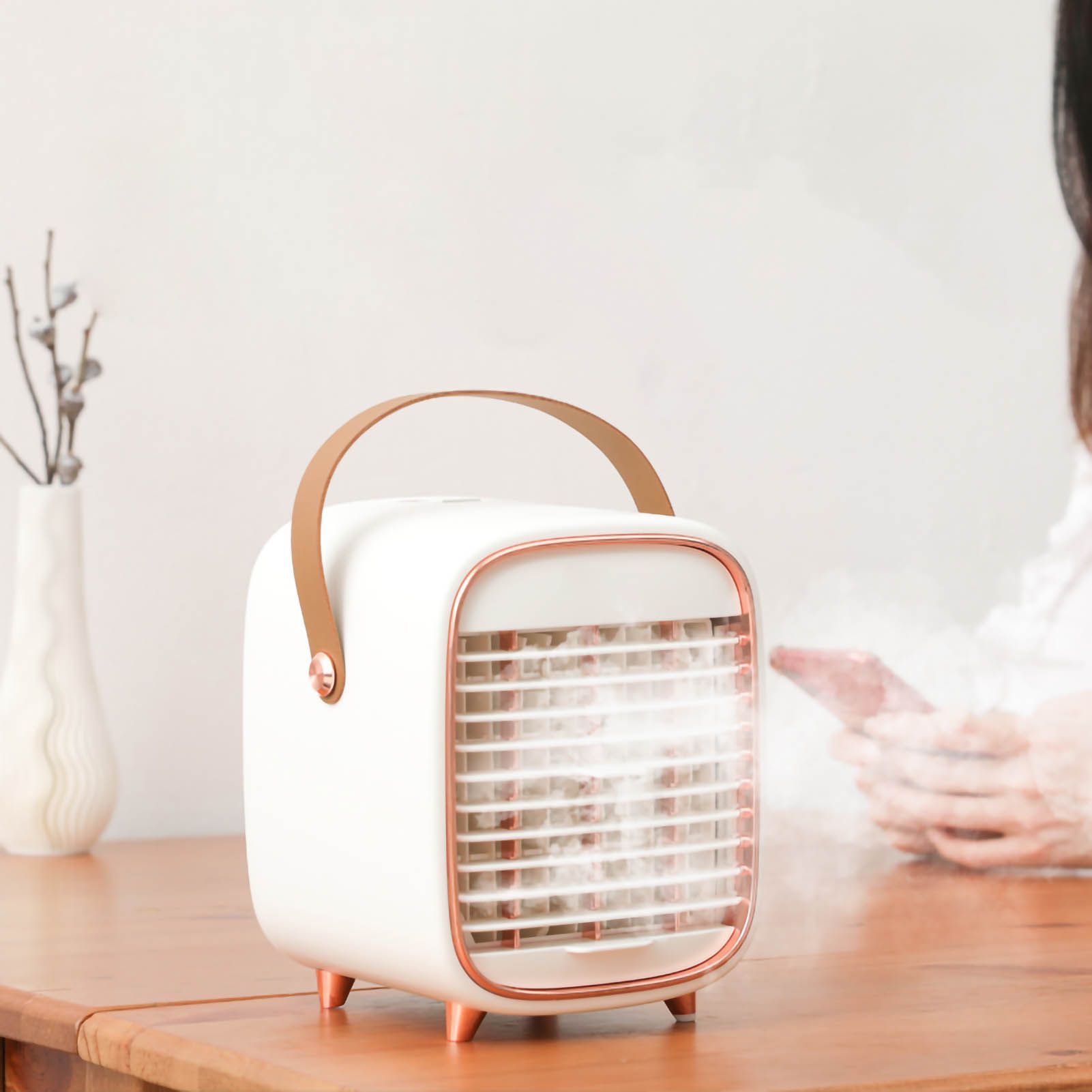 Air Conditioner Cooling Fan Silent USB Evaporative Cooler with Portable Carrying Strap for Home Office Car White - Image 1