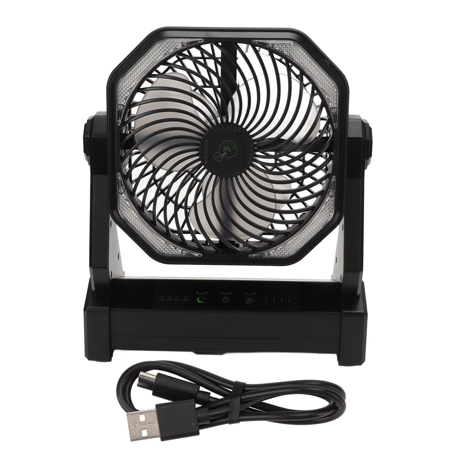 Camping Fan with LED Lantern 4 Levels 270 Degree Pivot Large Air Volume USB Rechargeable Outdoor Tent Fan with Light Hook Black - Image 1