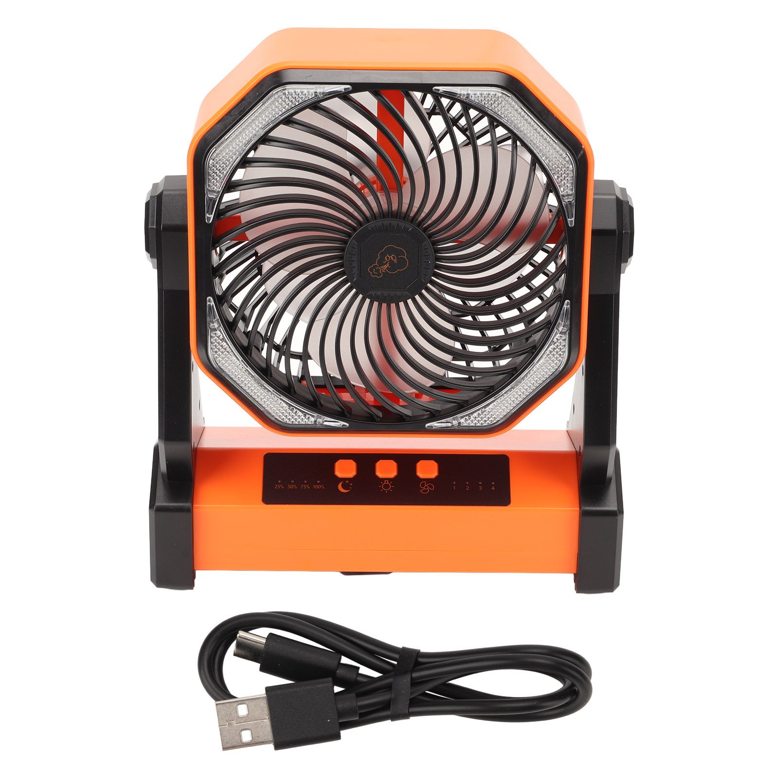 Camping Fan with LED Lantern 4 Levels 270 Degree Pivot Large Air Volume USB Rechargeable Outdoor Tent Fan with Light Hook Orange - Image 1