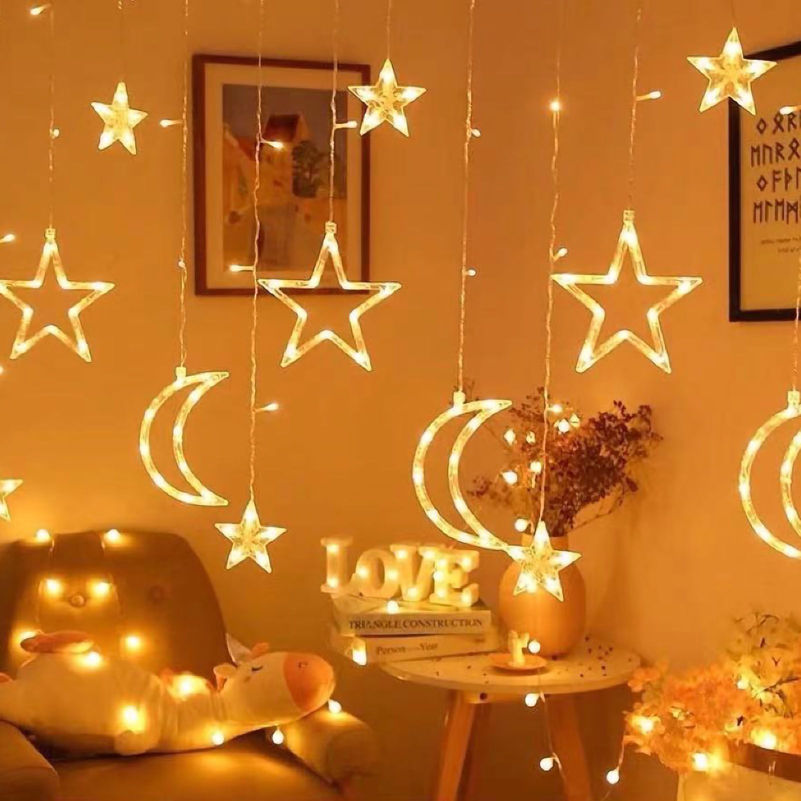 Star Moon Curtain String Lights LED Lamp Add Romantic Ambience Window Curtain Lights for Bedroom Living Room Shop Warm White - Image 5