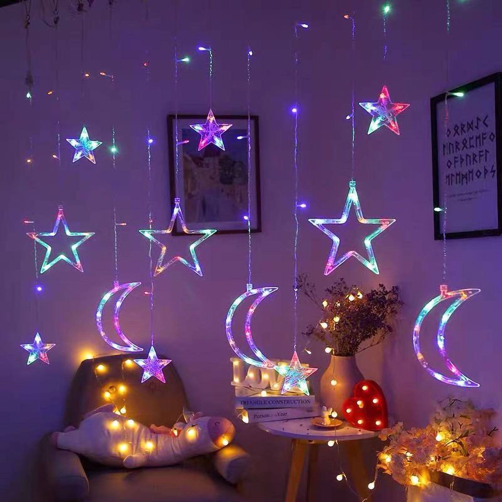 Star Moon Curtain String Lights LED Lamp Add Romantic Ambience Window Curtain Lights for Bedroom Living Room Shop Color - Image 1