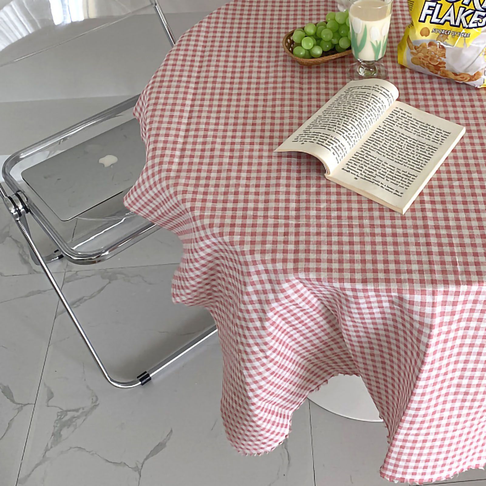 Desk Tablecloth Plaid Table Cover Linen Cotton Backdrop Dustproof Home Decoration for Office Dormitory Pink 150x150cm / 59.1x59.1in - Image 4