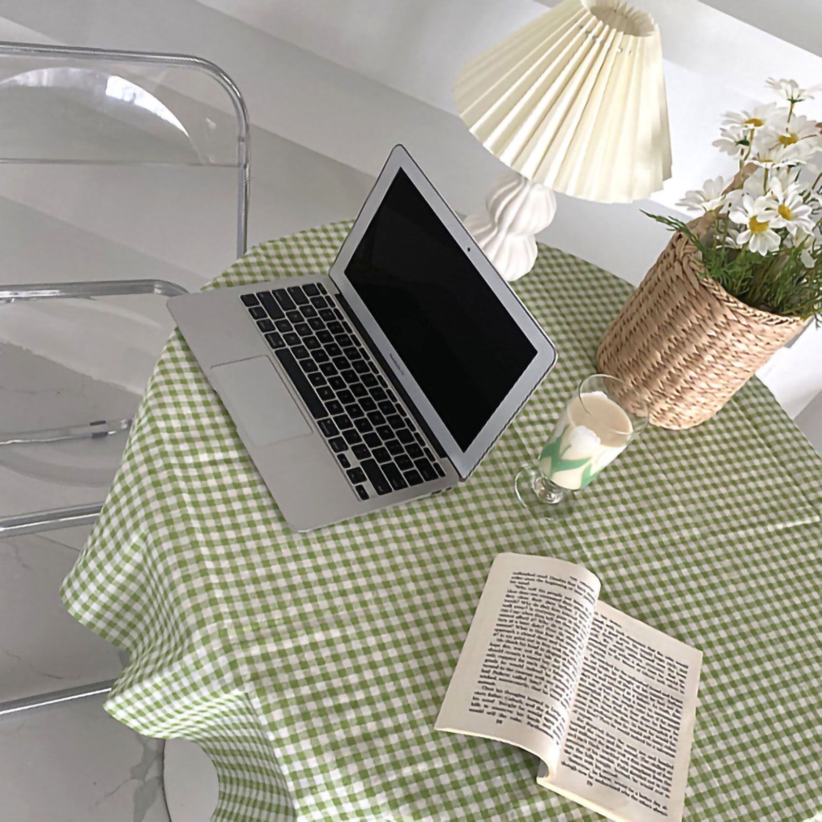 Desk Tablecloth Plaid Table Cover Linen Cotton Backdrop Dustproof Home Decoration for Office Dormitory Green 70x70cm / 27.6x27.6in - Image 2