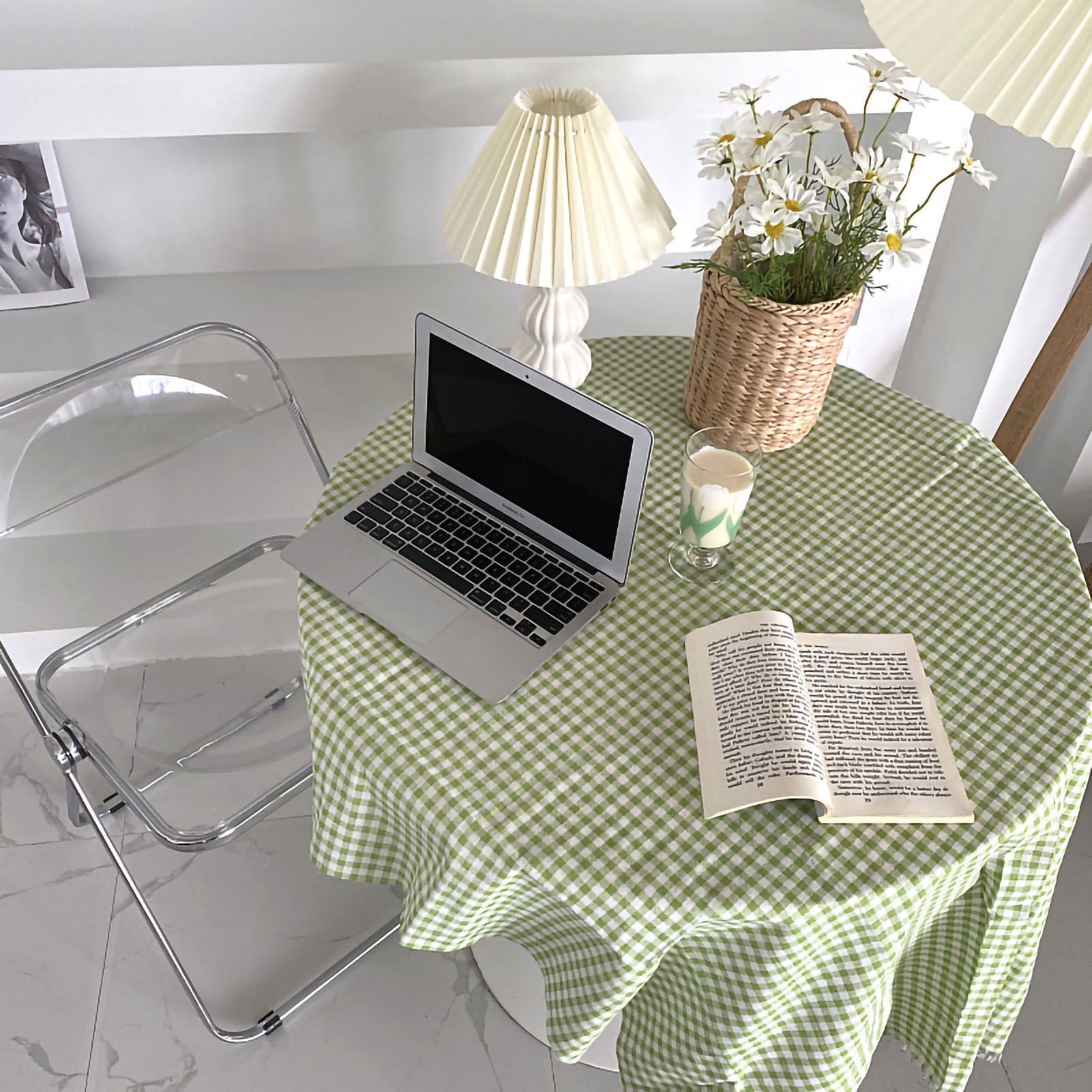 Desk Tablecloth Plaid Table Cover Linen Cotton Backdrop Dustproof Home Decoration for Office Dormitory Green 150x150cm / 59.1x59.1in - Image 1