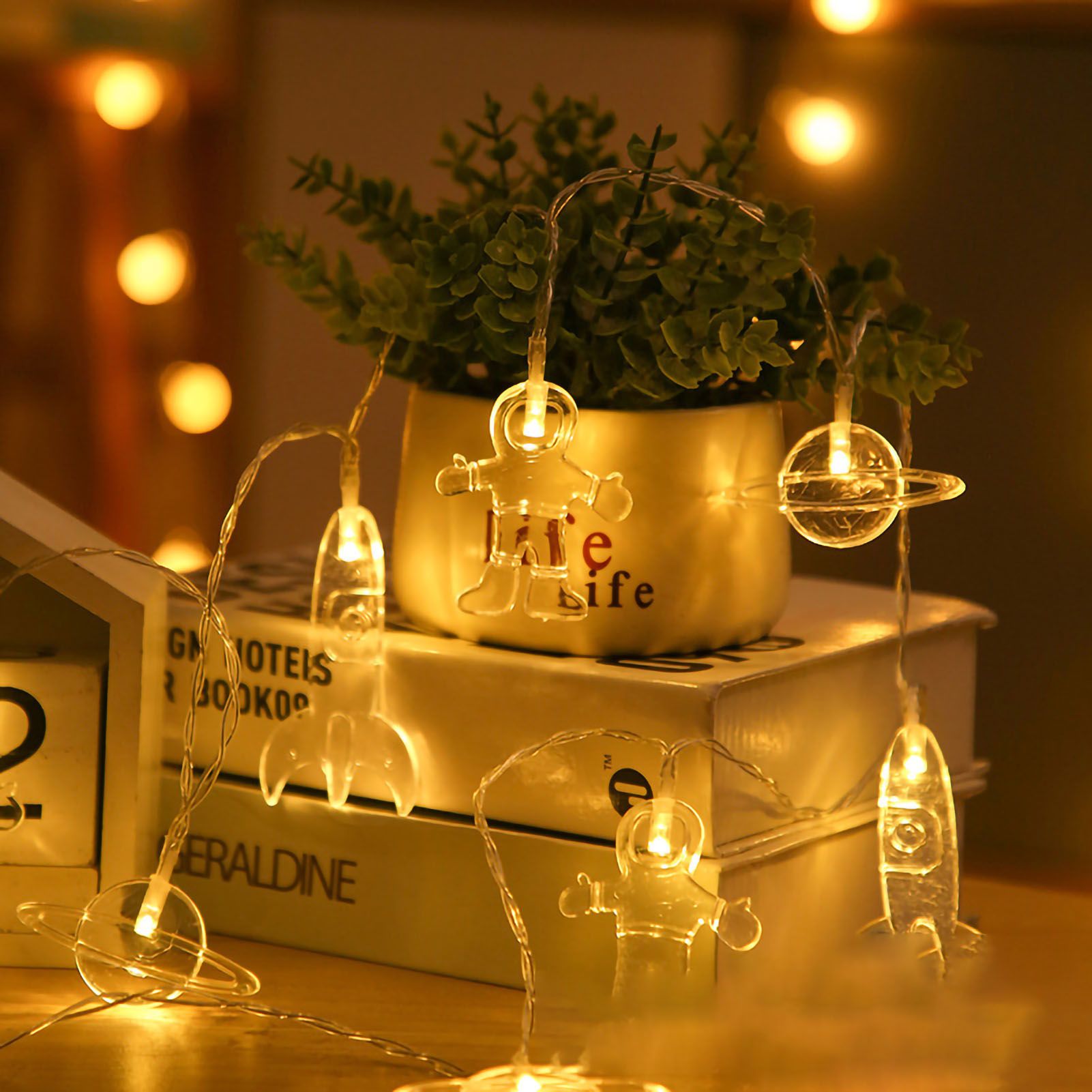 LED String Light Outer Space Astronaut Planet Spaceship Shape Waterproof Led String Room Decor for Christmas Festival Warm White 3 Batteries 20LED - Image 1