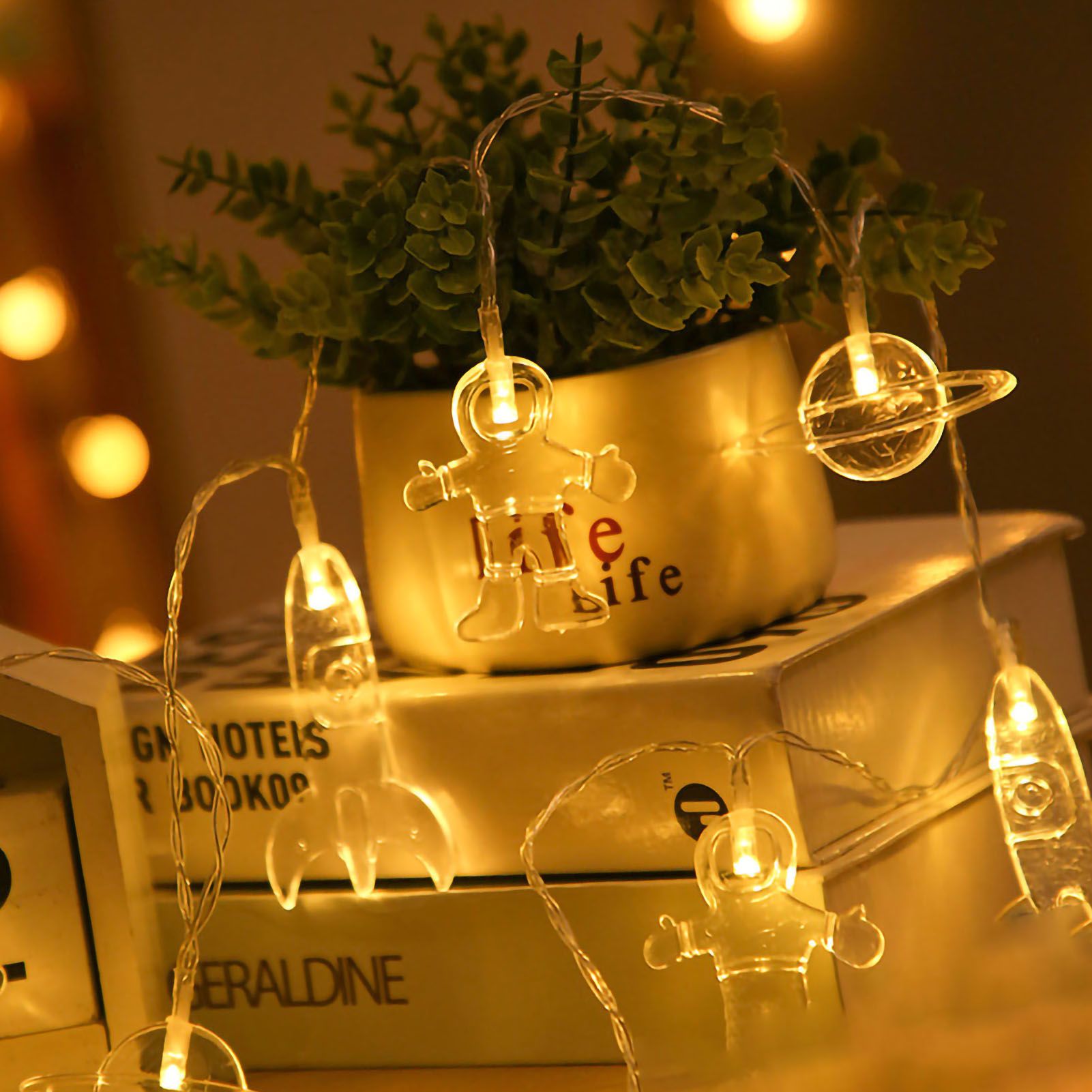 LED String Light Outer Space Astronaut Planet Spaceship Shape Waterproof Led String Room Decor for Christmas Festival Warm White 3 Batteries 20LED - Image 2