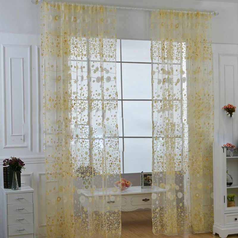 Sheer Curtain Innovative Elegant Translucent Floral Voile Drapes for Living Room Study Room Bedroom Yellow 100x250cm / 39.4x98.4in (Hooks) - Image 1