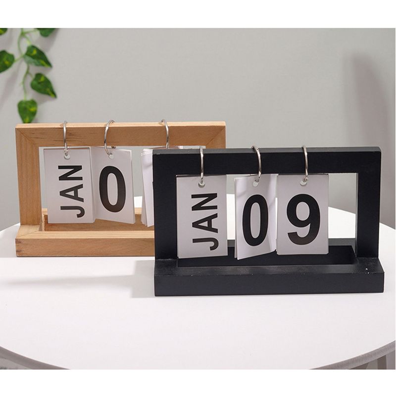 Wooden Desk Calendar Flip Chart Page Turning Calendar Reusable Home Calendar Ornament Black - Image 2