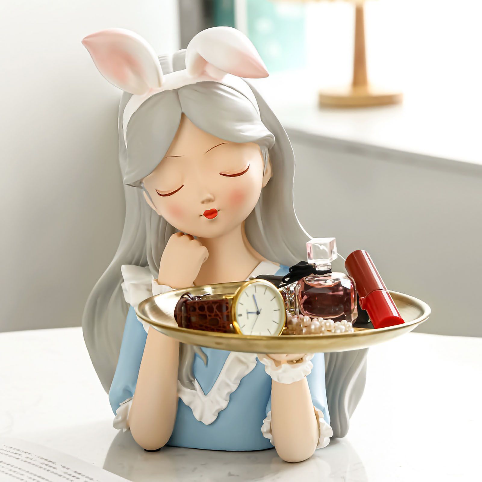 Entrance Storage Decoration Girl Sculptures Porch Decor Tray for Living Study Bedroom Rabbit Ears Girl - Image 1