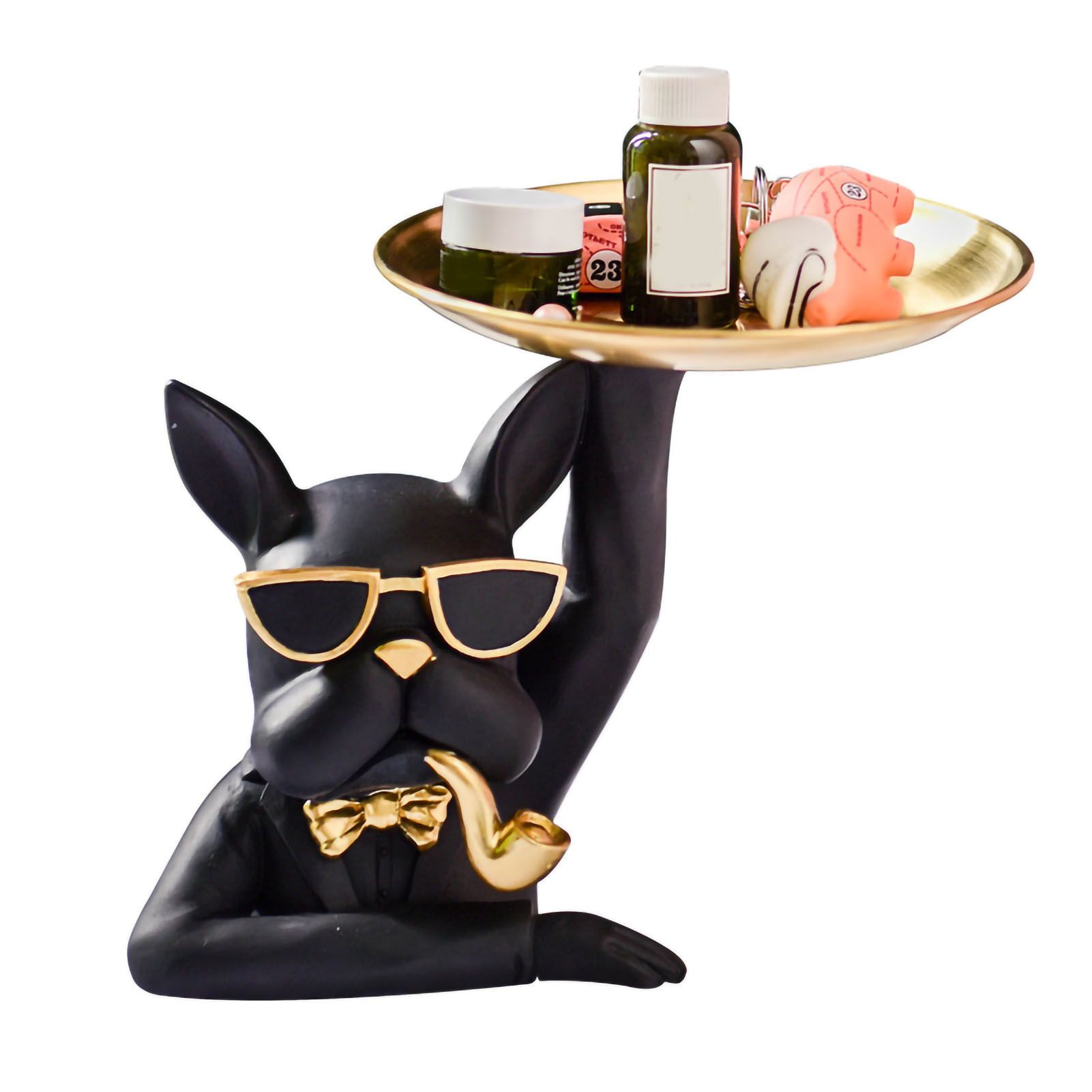Statue Tray Decorative Bulldog Synthetic Resin Jewelry Storage Figurine Fruit Plate for Living Room Bedroom Black - Image 1