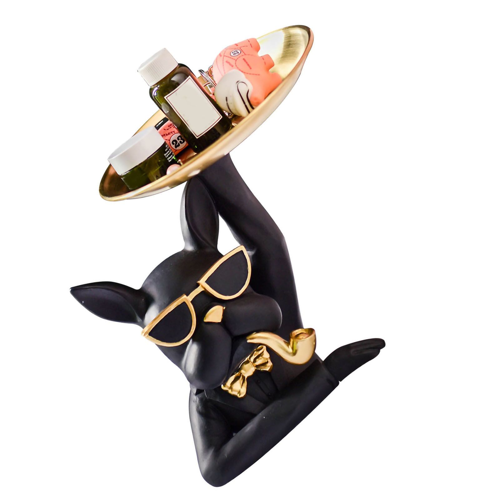 Statue Tray Decorative Bulldog Synthetic Resin Jewelry Storage Figurine Fruit Plate for Living Room Bedroom Black - Image 3
