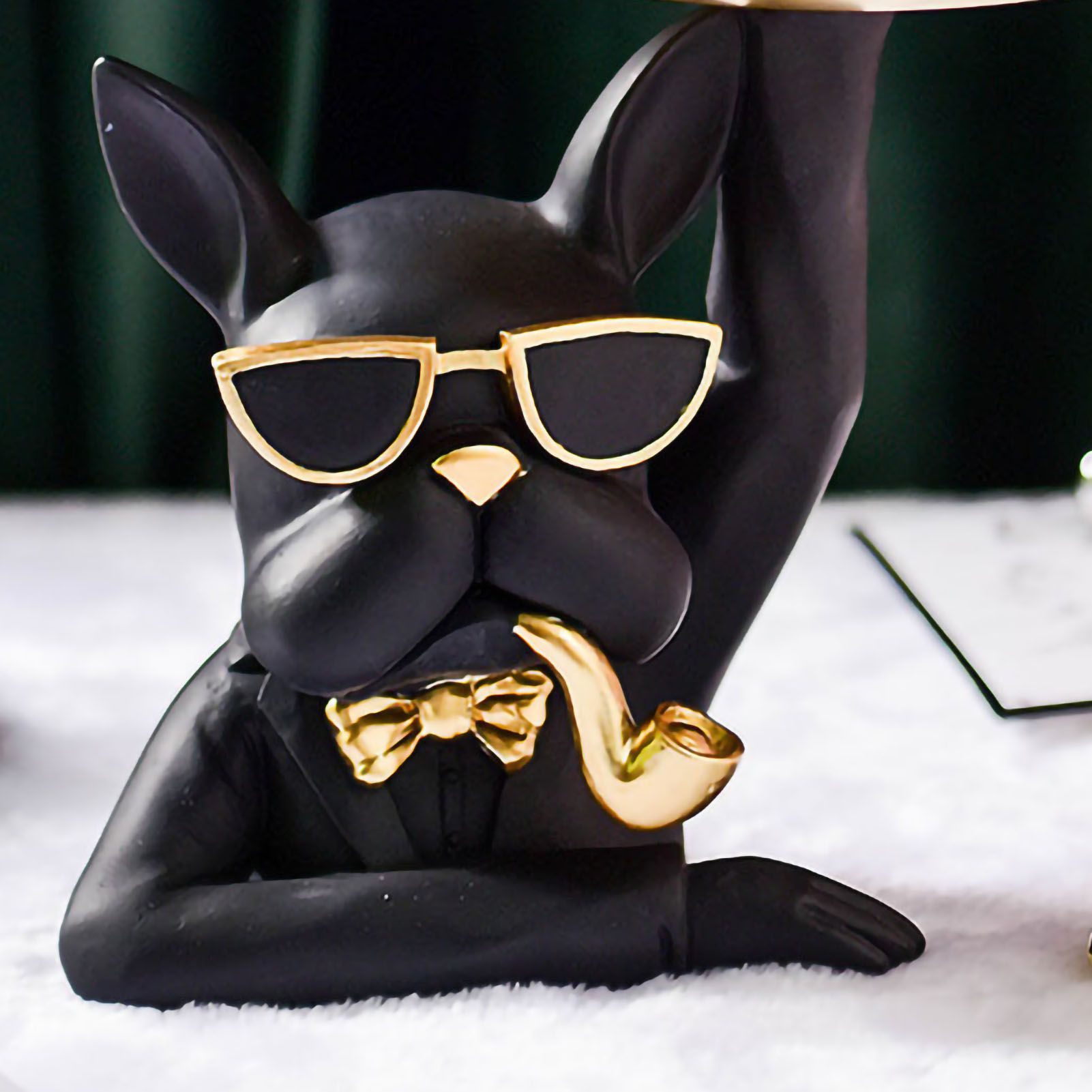 Statue Tray Decorative Bulldog Synthetic Resin Jewelry Storage Figurine Fruit Plate for Living Room Bedroom Black - Image 5
