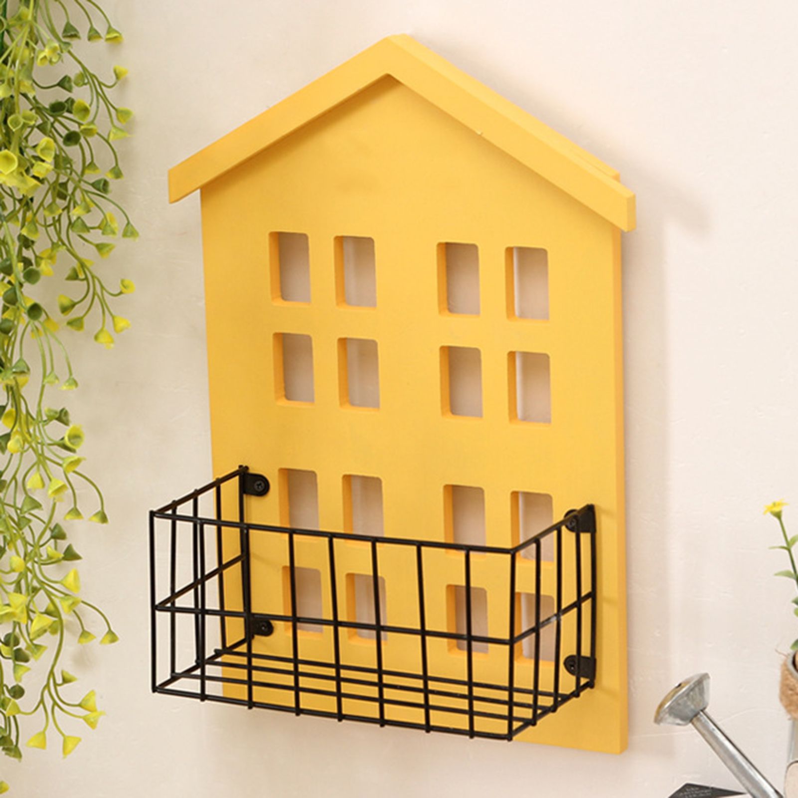 Wall Storage Shelves Hand Made Wood House Shape Wall Mounted Shelf for Bedroom Living Room Yellow - Image 1