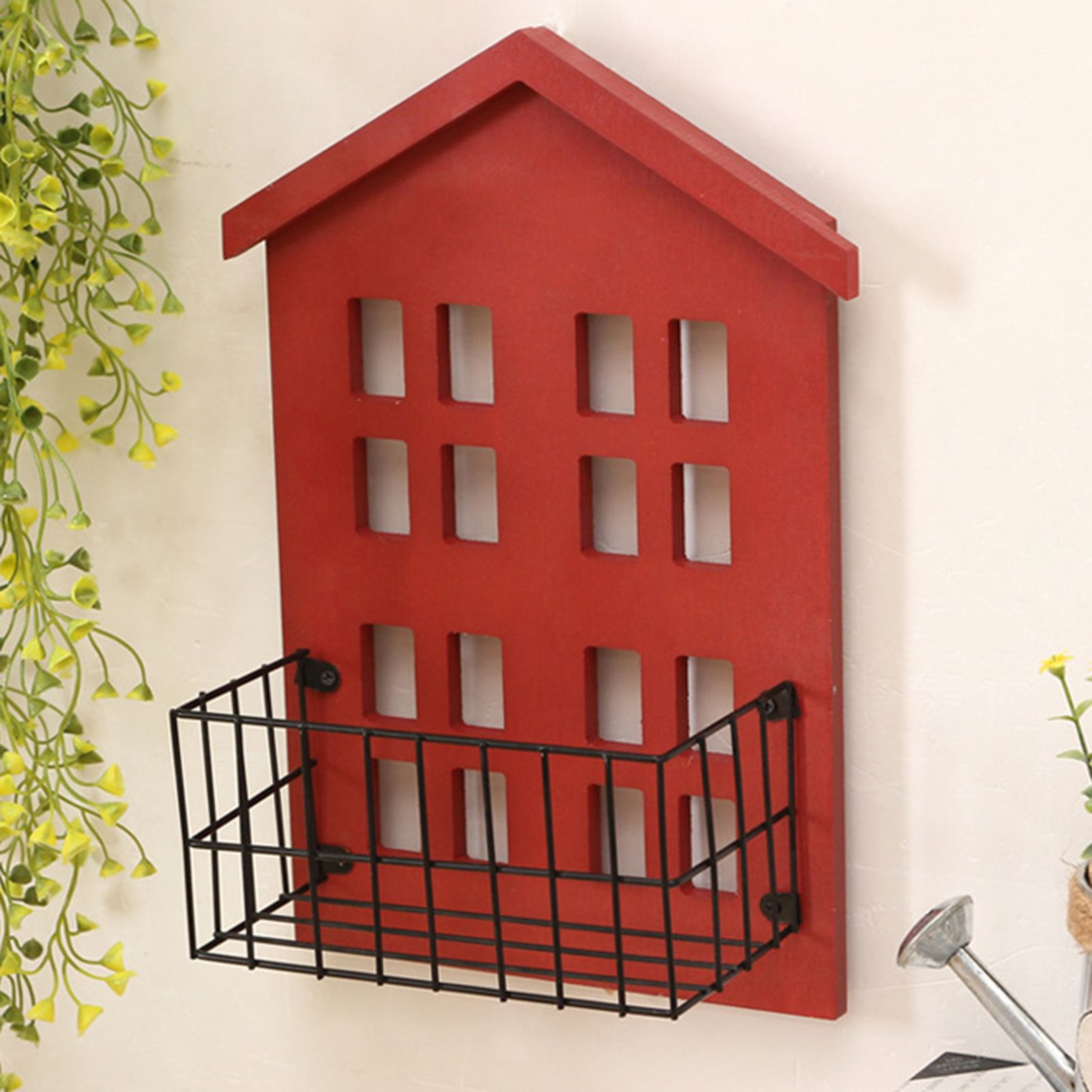 Wall Storage Shelves Hand Made Wood House Shape Wall Mounted Shelf for Bedroom Living Room Red - Image 1