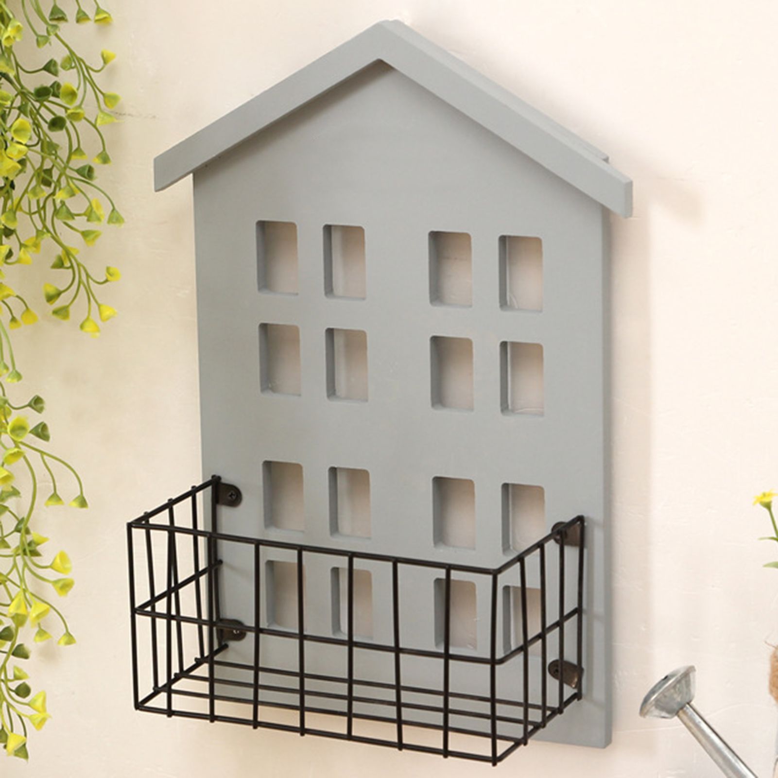 Wall Storage Shelves Hand Made Wood House Shape Wall Mounted Shelf for Bedroom Living Room Grey - Image 1