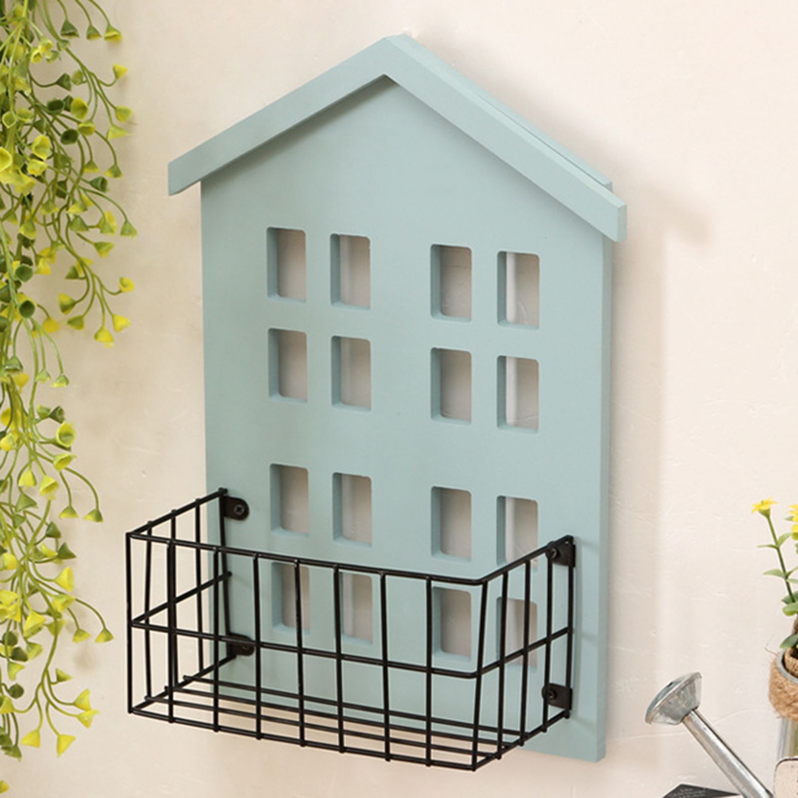 Wall Storage Shelves Hand Made Wood House Shape Wall Mounted Shelf for Bedroom Living Room Light Blue - Image 1