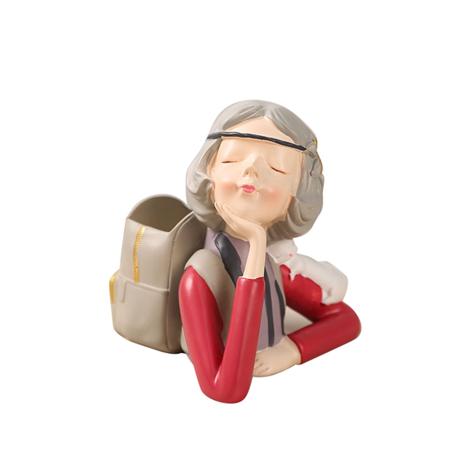 Brush Pot Pen Holder Container Cute Girl Styling Desktop Decoration Ornaments Resin Craftwork Bag Girl Red - Image 1