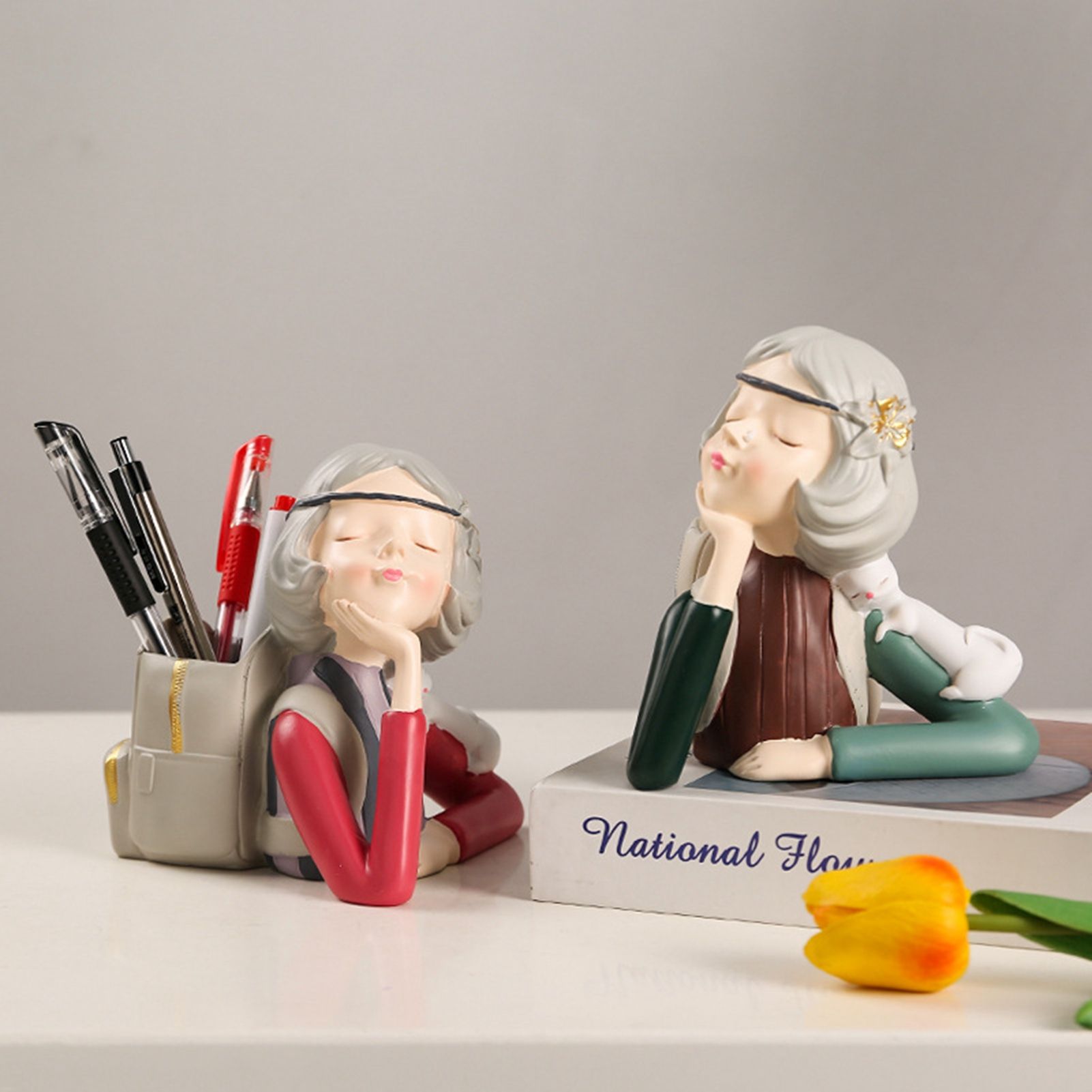 Brush Pot Pen Holder Container Cute Girl Styling Desktop Decoration Ornaments Resin Craftwork Bag Girl Red - Image 2