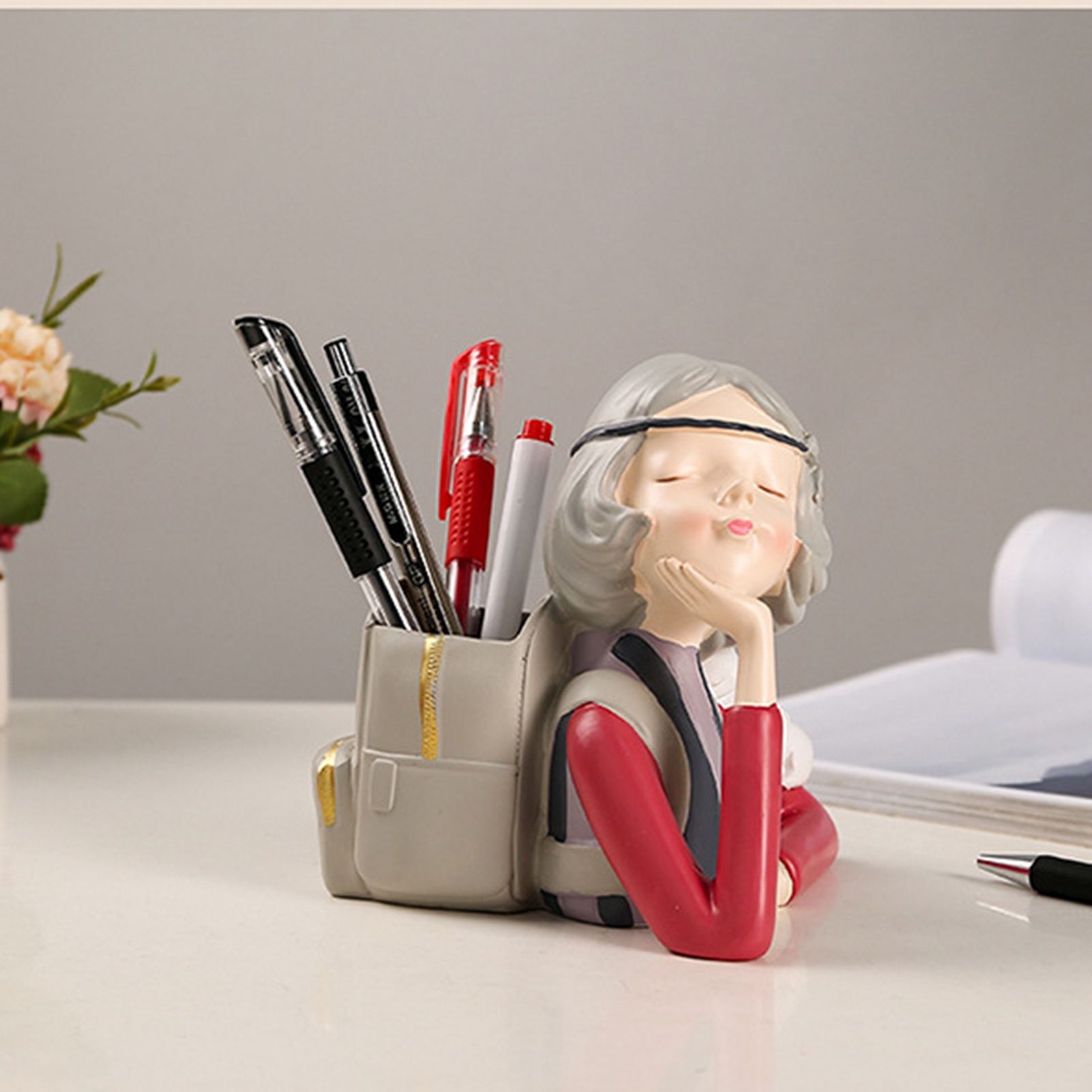 Brush Pot Pen Holder Container Cute Girl Styling Desktop Decoration Ornaments Resin Craftwork Bag Girl Red - Image 4