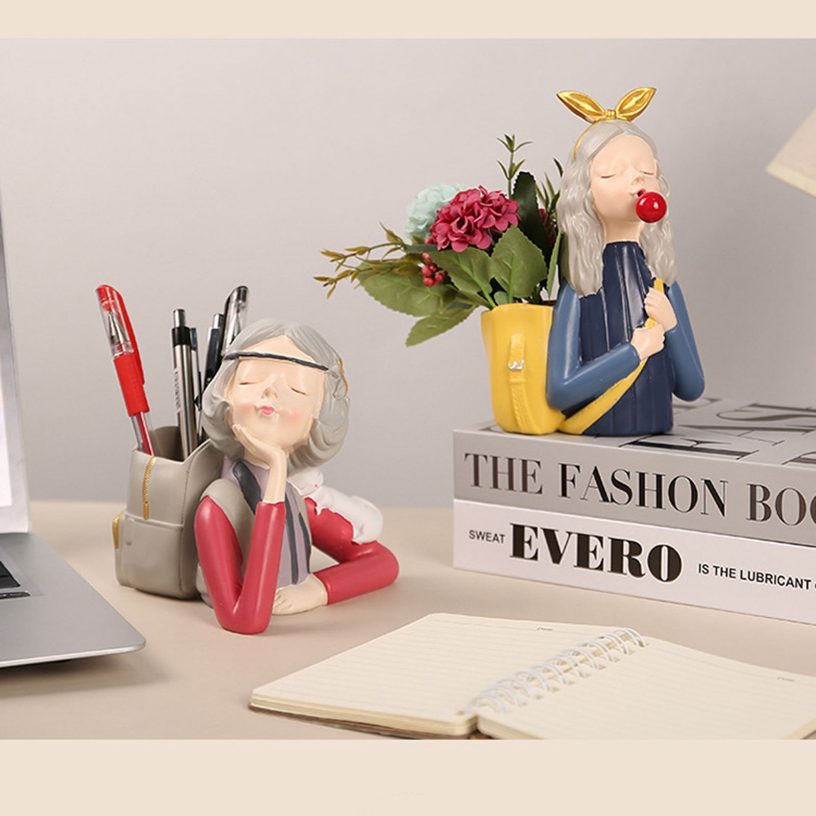 Brush Pot Pen Holder Container Cute Girl Styling Desktop Decoration Ornaments Resin Craftwork Bag Girl Red - Image 5
