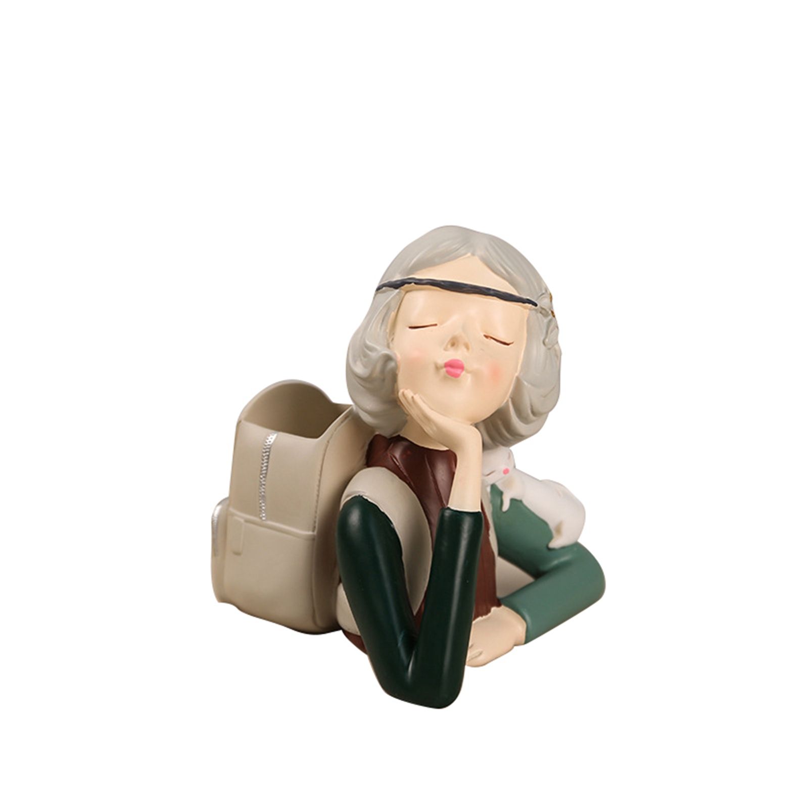 Brush Pot Pen Holder Container Cute Girl Styling Desktop Decoration Ornaments Resin Craftwork Bag Girl Green - Image 1